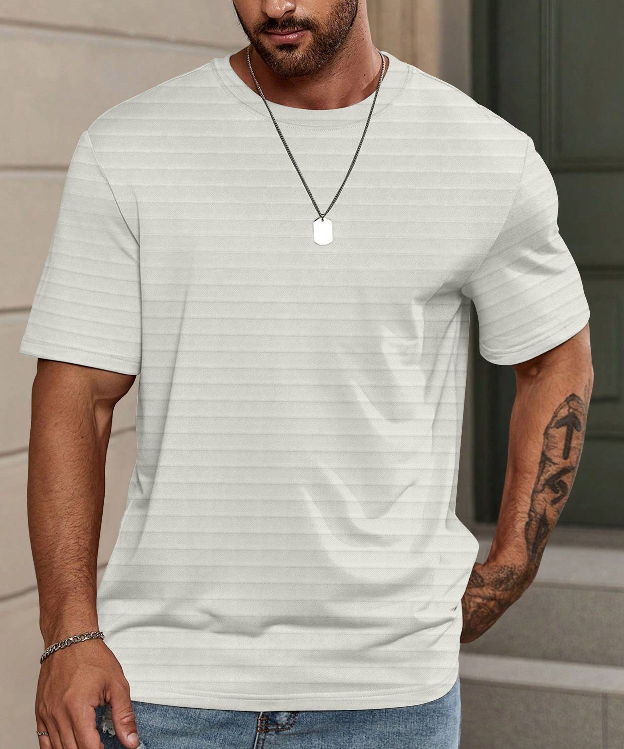 Praizy Men Striped Round Neck Polycotton White T-Shirt