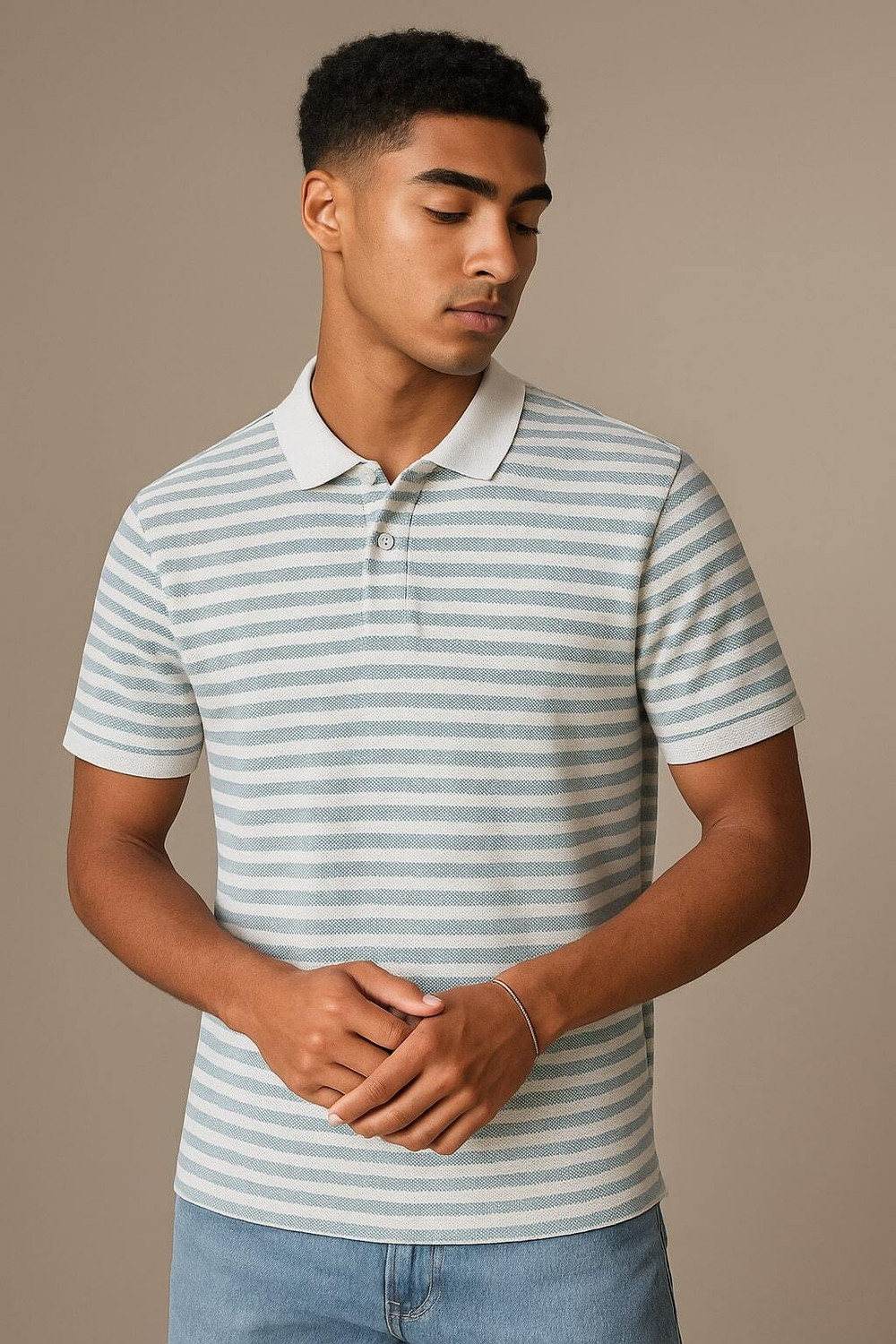 Image of YOUNICK Striped Men Polo Neck Light Blue T-Shirt