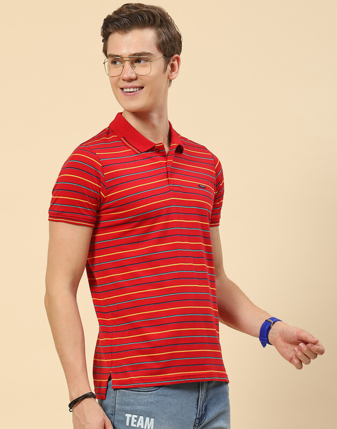 Image of MONTE CARLO Striped Men Polo Neck Red, Grey T-Shirt