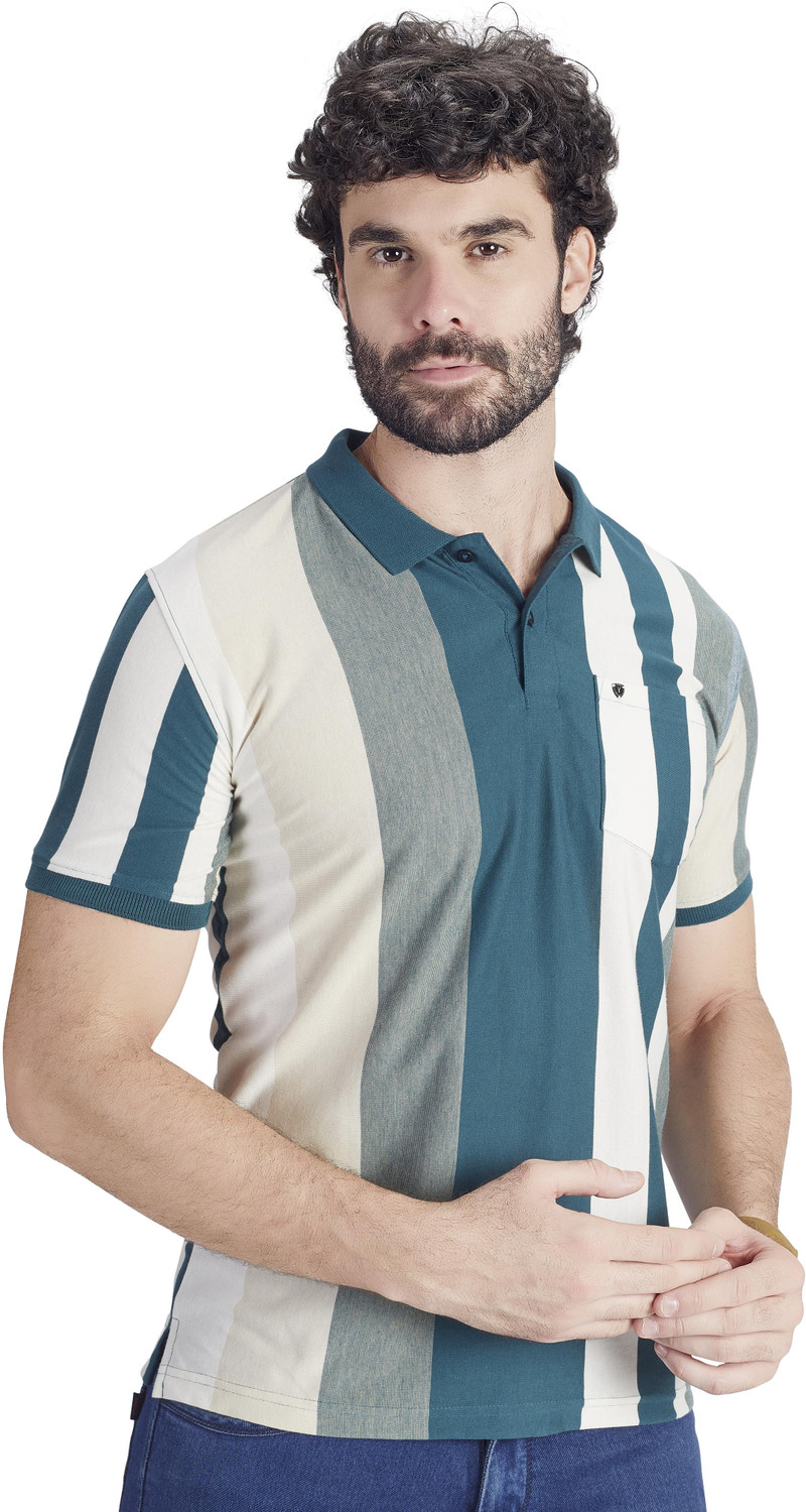 Image of PRORIDERS Striped Men Polo Neck Blue T-Shirt