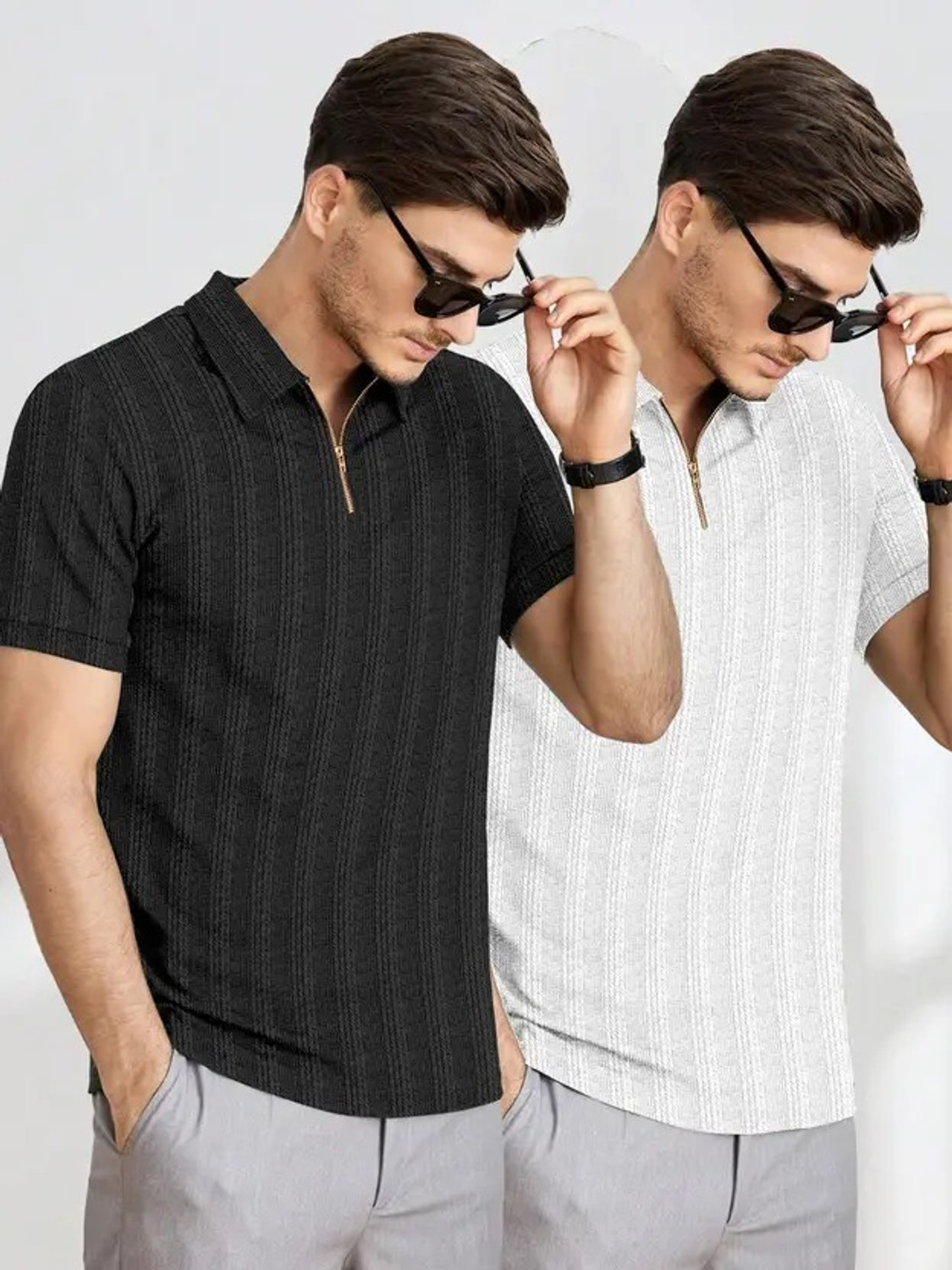 Image of KAJARU Self Design Men Zip Neck White, Black T-Shirt