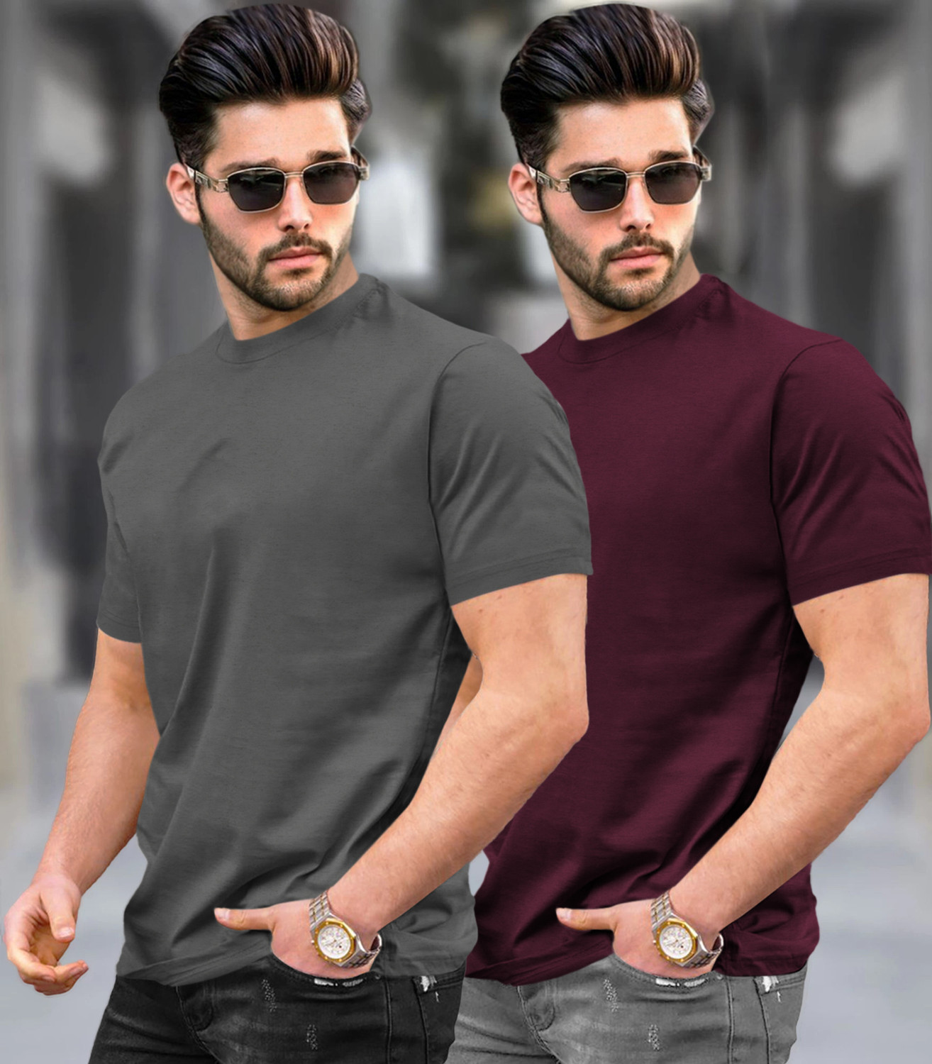 Image of TRIPR Solid Men Grey, Maroon T-Shirt