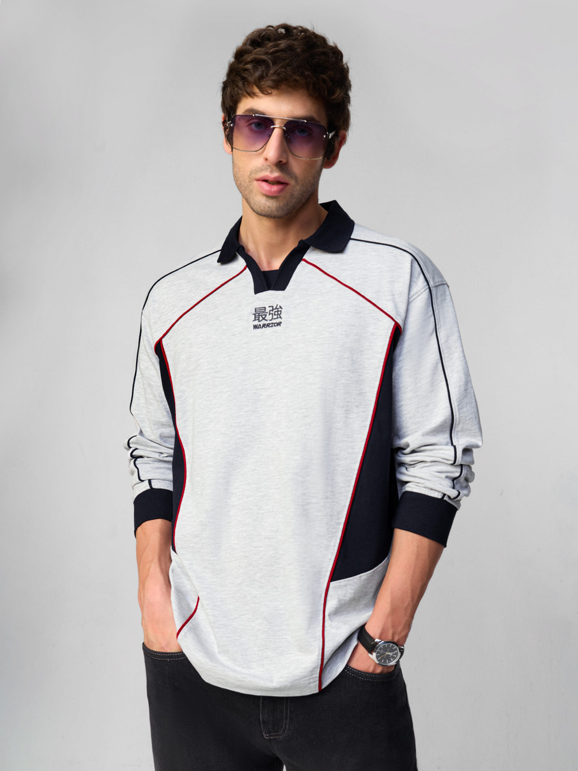Image of The Souled Store Embroidered Men Polo Neck Grey T-Shirt