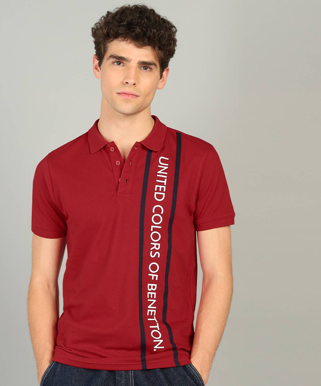 United Colors of Benetton Men Printed Polo Neck Cotton Blend Red