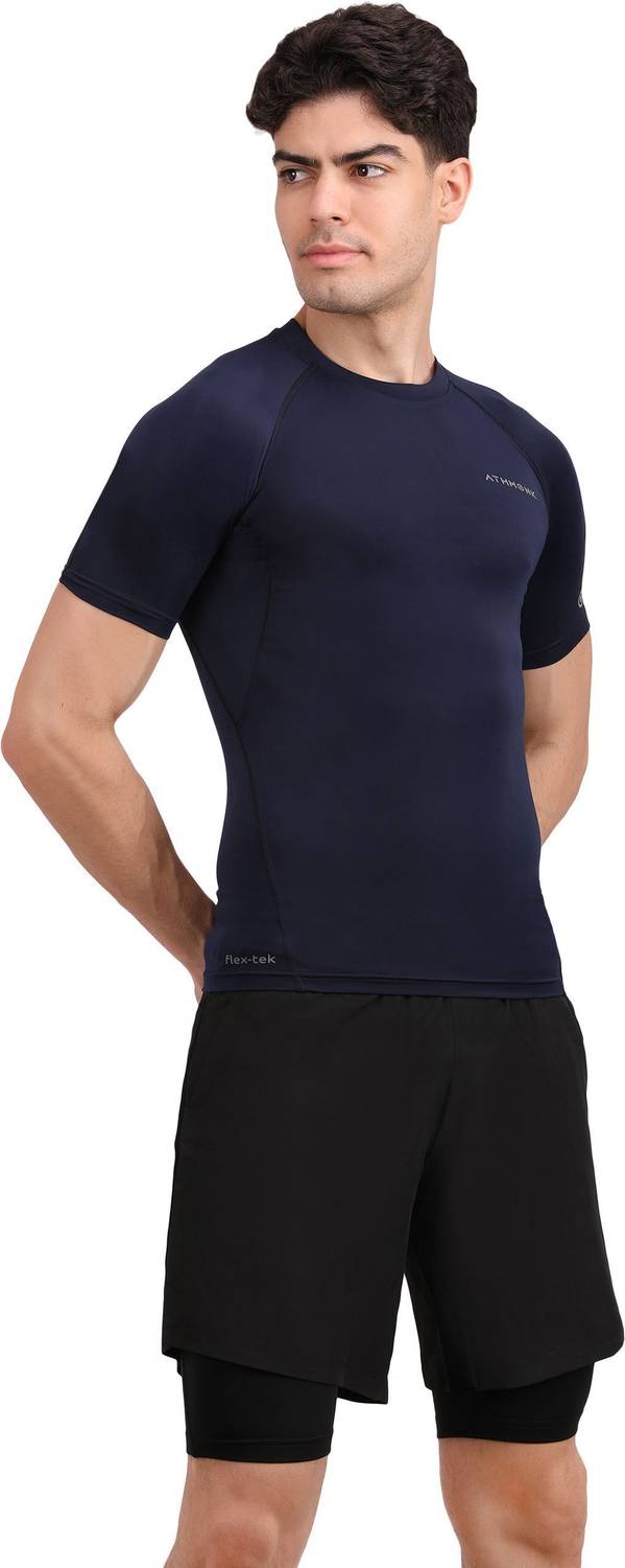 Athmonk Solid Men Round Neck Navy Blue T-Shirt