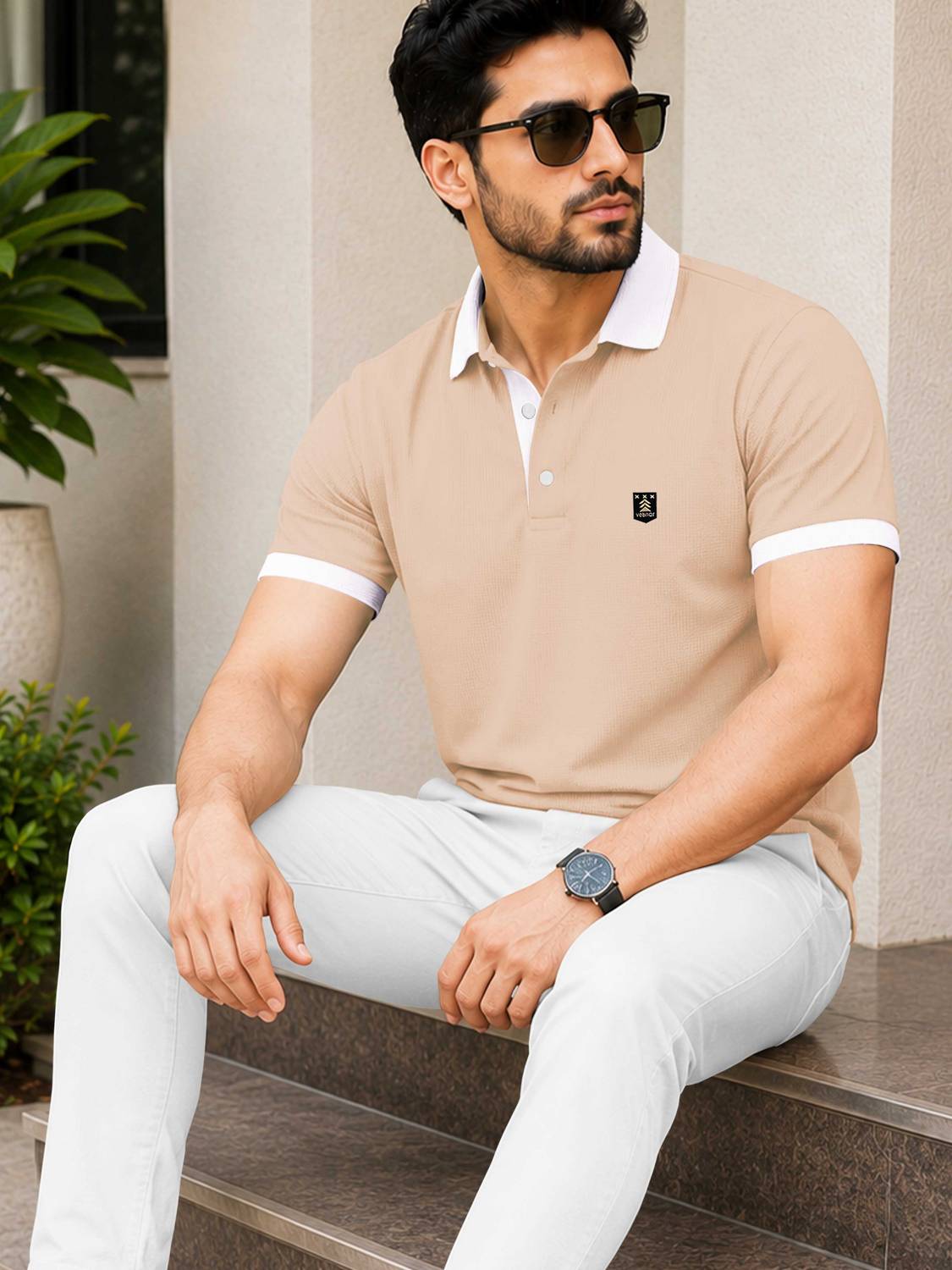 VeBNoR Solid Men Polo Neck Beige T-Shirt - Image 3