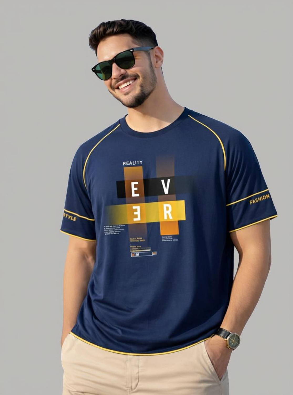 Image of Reya Printed Men Round Neck Navy Blue T-Shirt