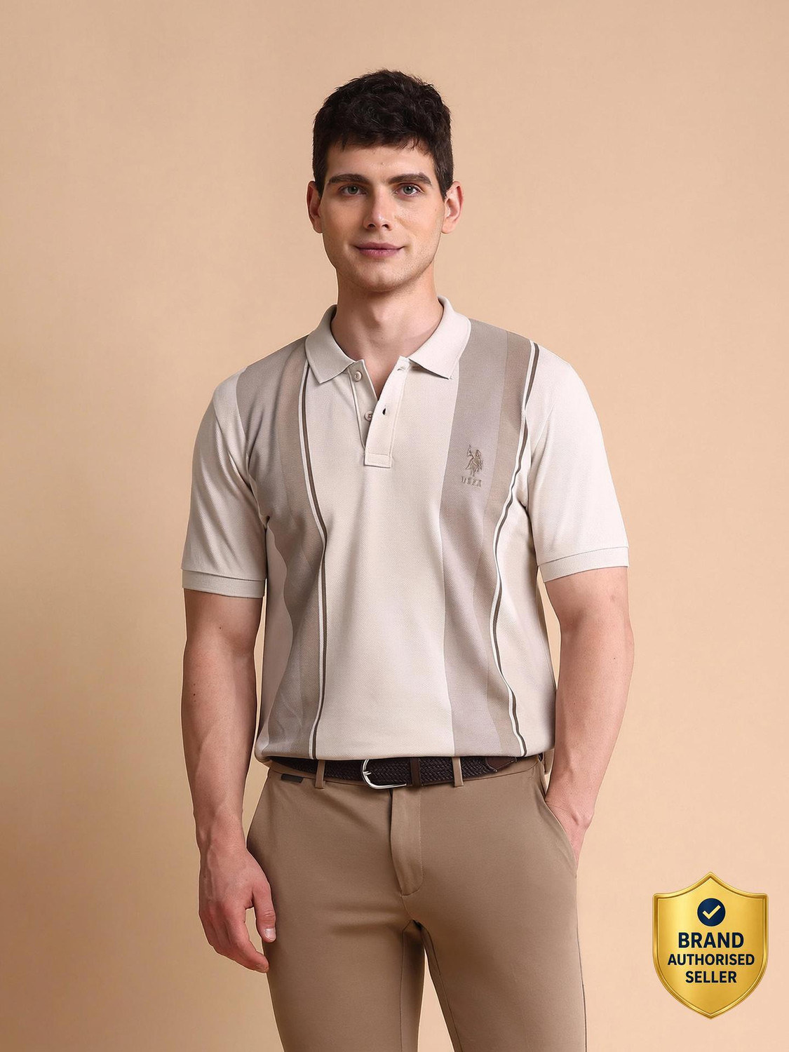 Image of U.S. POLO ASSN. Men Colorblock Polo Neck Pure Cotton Beige T-Shirt