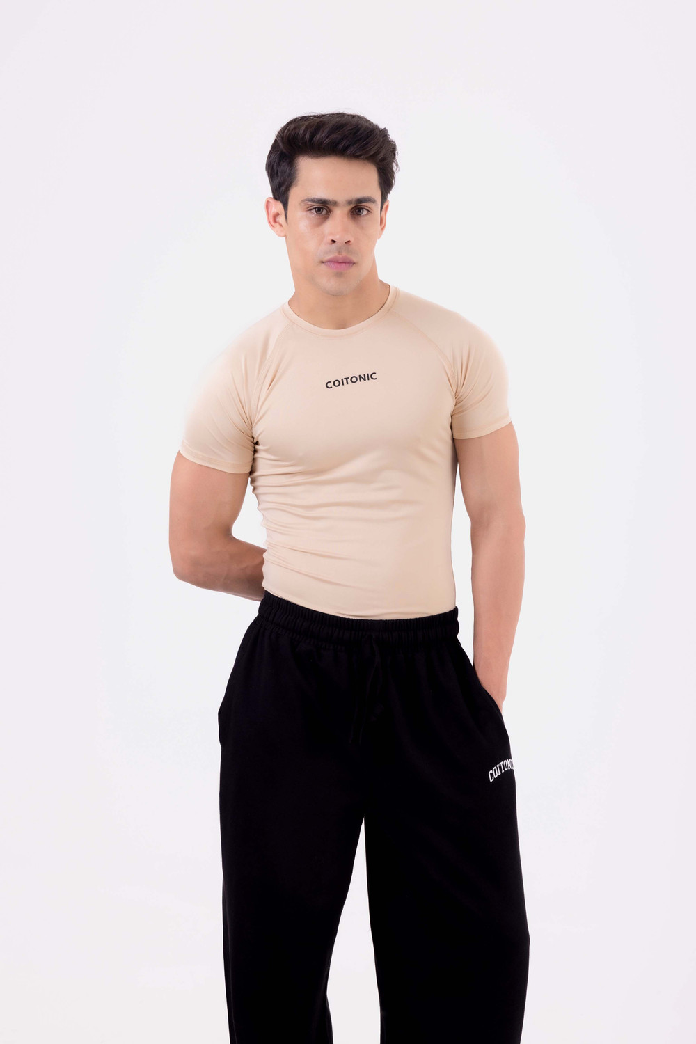 Image of COITONIC Printed Men Round Neck Beige T-Shirt