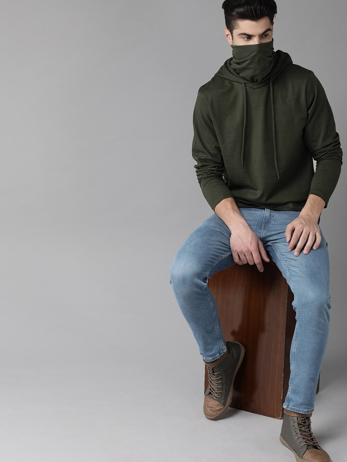 Image of Roadster Solid Men Hooded Neck Dark Green T-Shirt