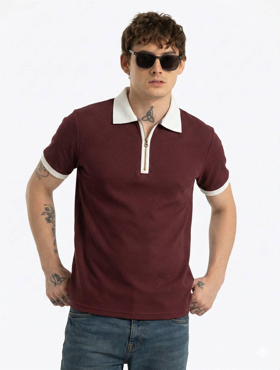 Bairagi Self Design Men Polo Neck Maroon T-Shirt