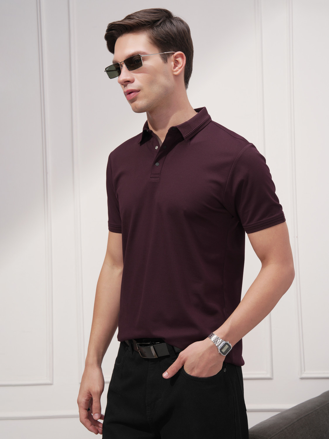 Image of HIGHLANDER Solid Men Polo Neck Maroon T-Shirt