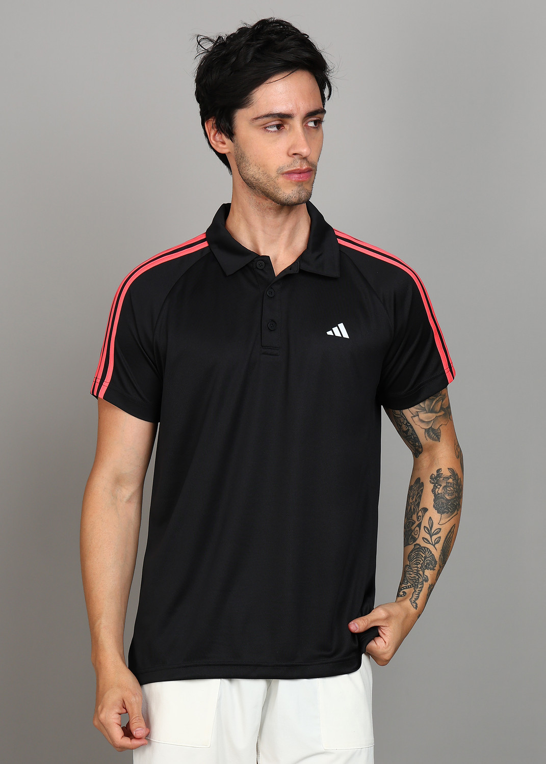 Image of ADIDAS Solid Men Polo Neck Black T-Shirt