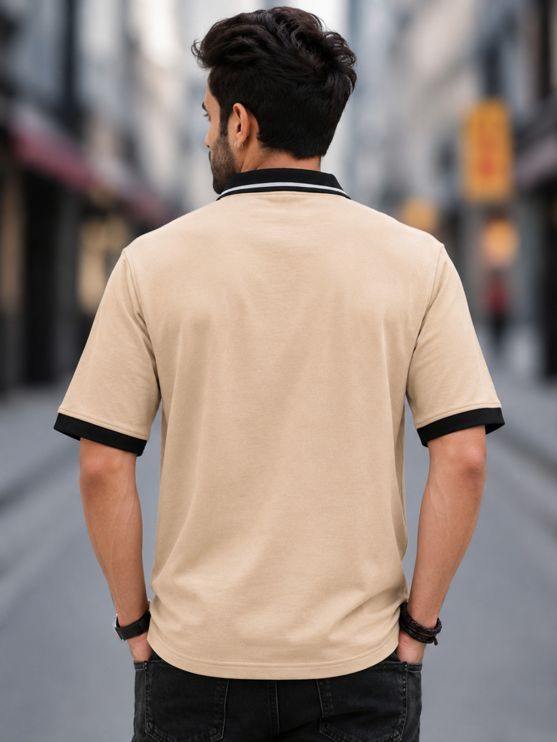 Image of Jump Cuts Colorblock Men Zip Neck Beige T-Shirt