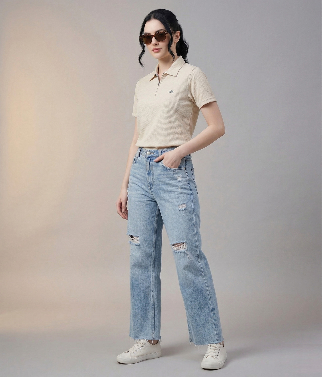 Image of WOOLBERRY Solid Women Polo Neck Beige T-Shirt