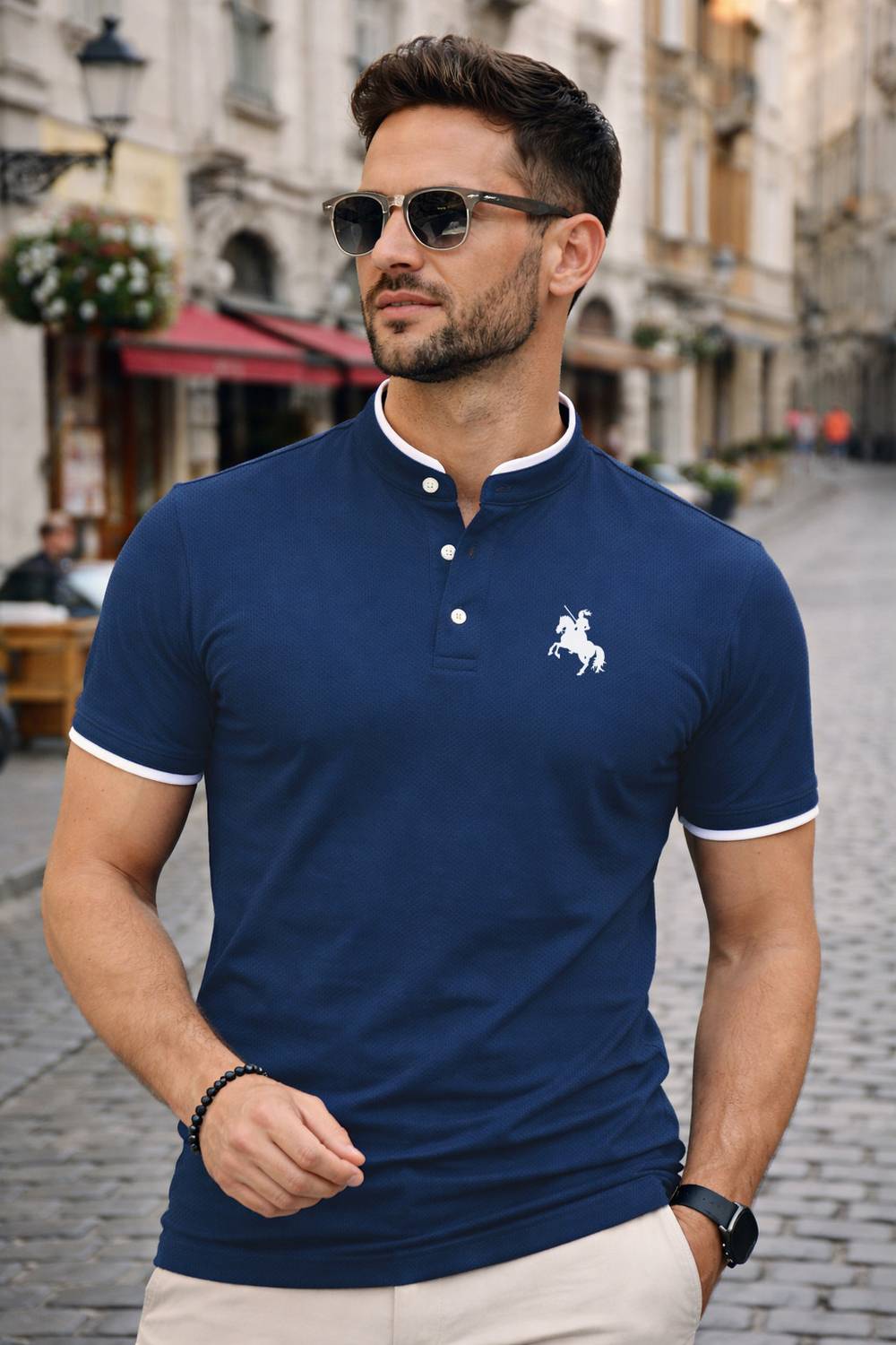 SCATCHITE Men Graphic Print Henley Neck Polyester Dark Blue T-Shi