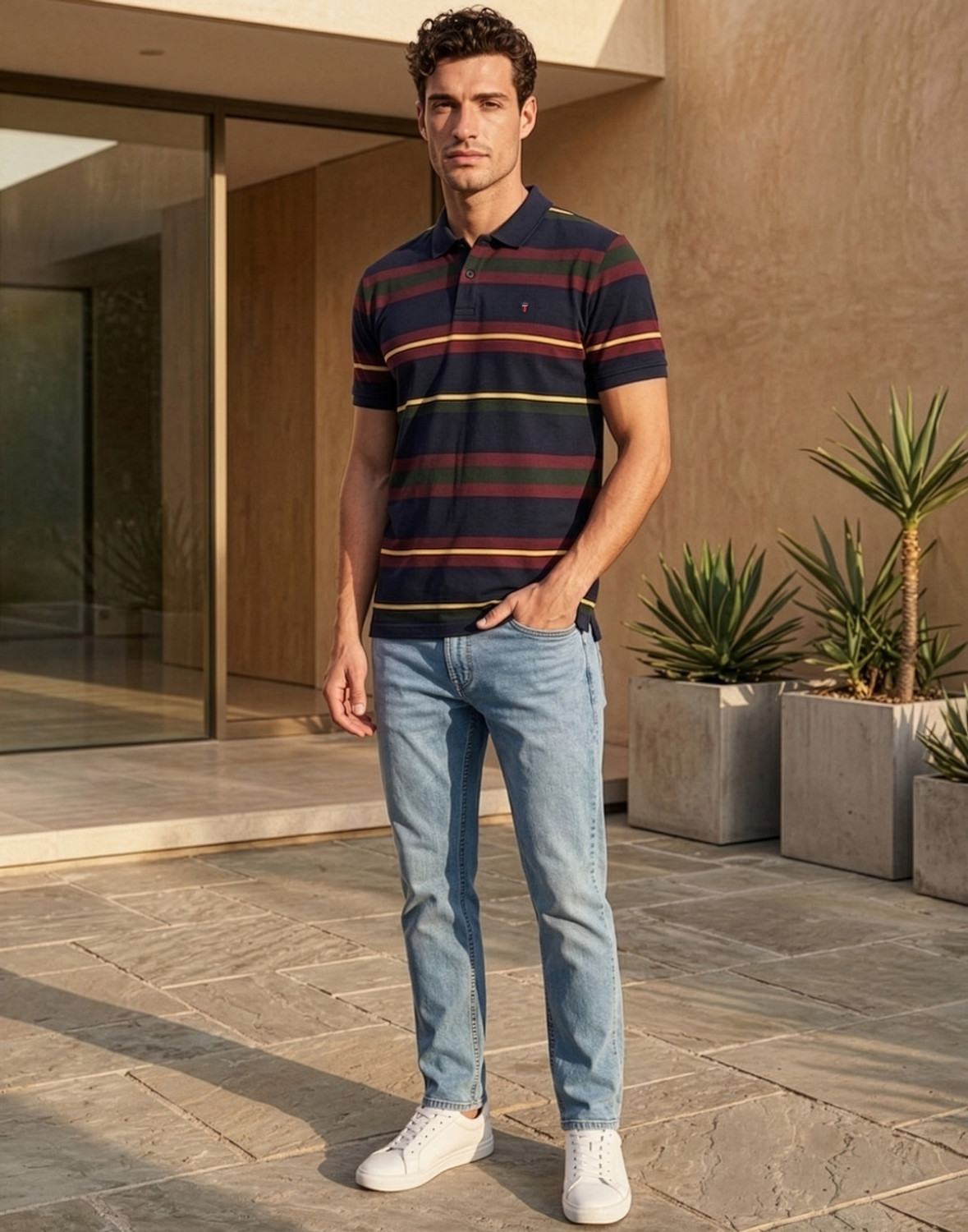Image of LOUIS PHILIPPE Striped Men Polo Neck Multicolor T-Shirt