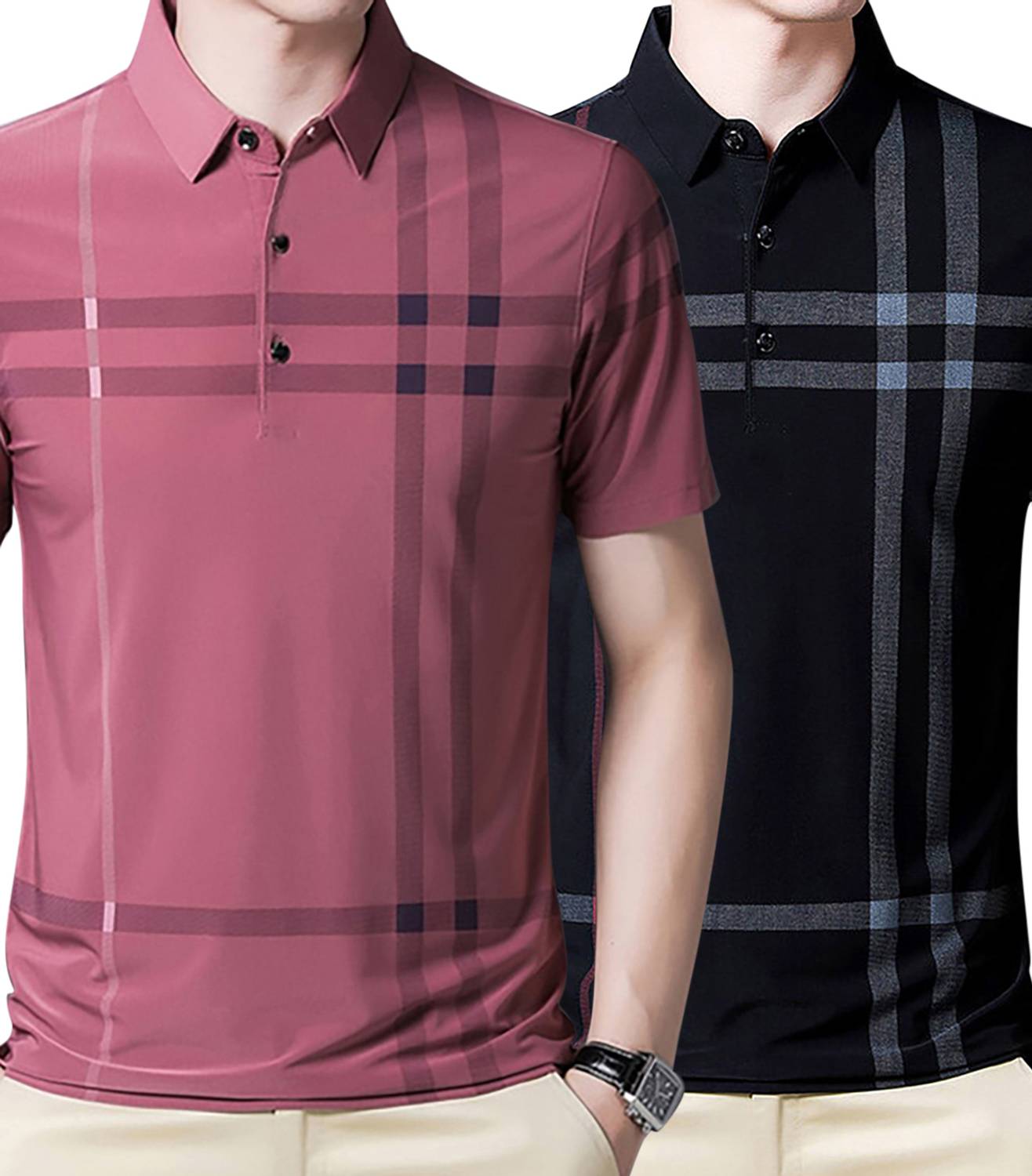 AUSK Pack of 2 Men Striped Polo Neck Cotton Blend Pink, Maroon T-