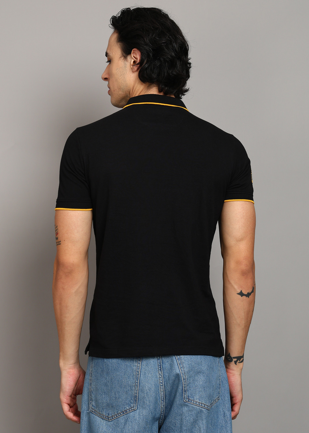 Image of KILLER Men Solid Polo Neck Cotton Blend Black T-Shirt