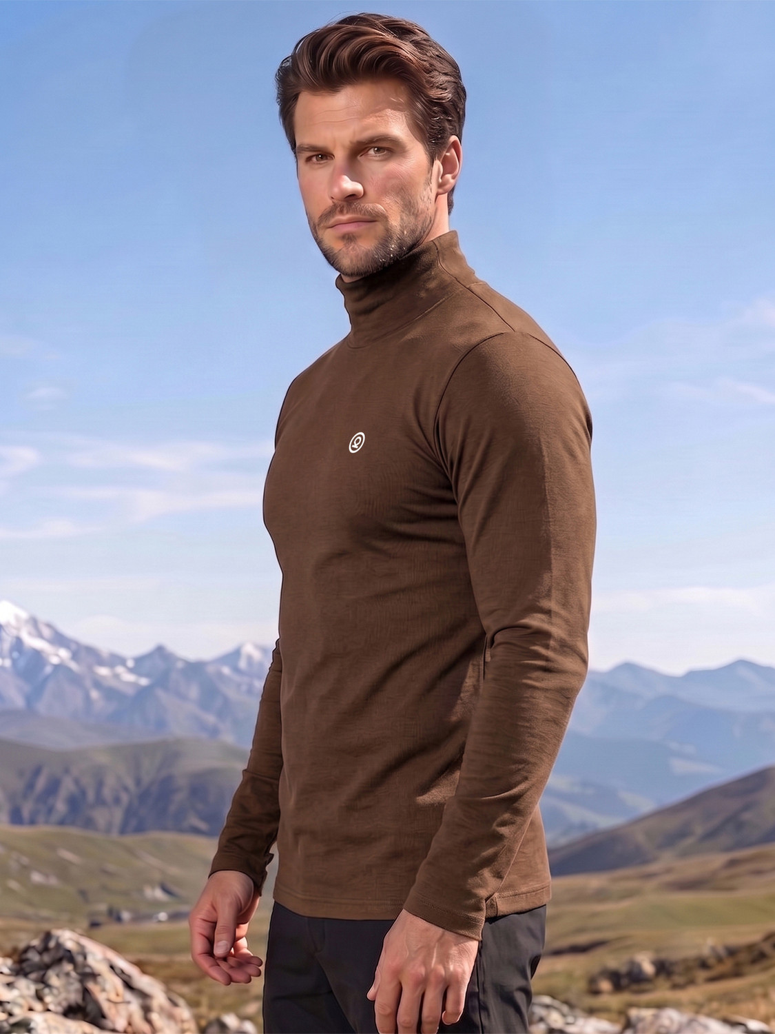 Image of CHKOKKO Solid Men High Neck Brown T-Shirt