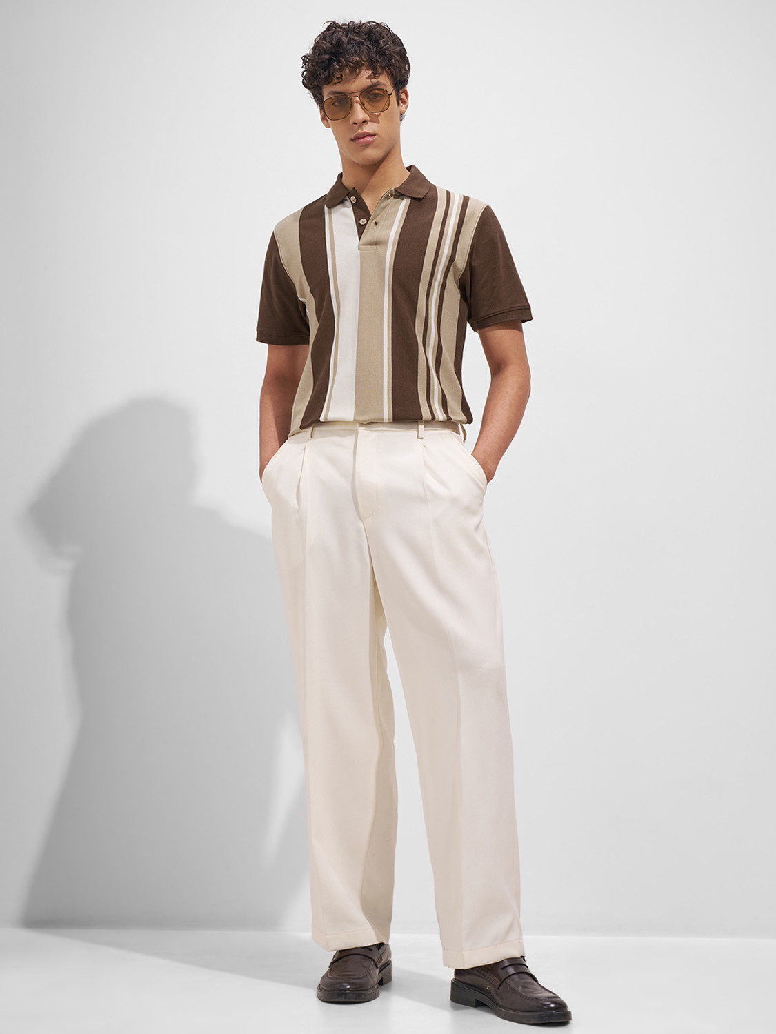 Image of HIGHLANDER Striped Men Polo Neck Brown T-Shirt