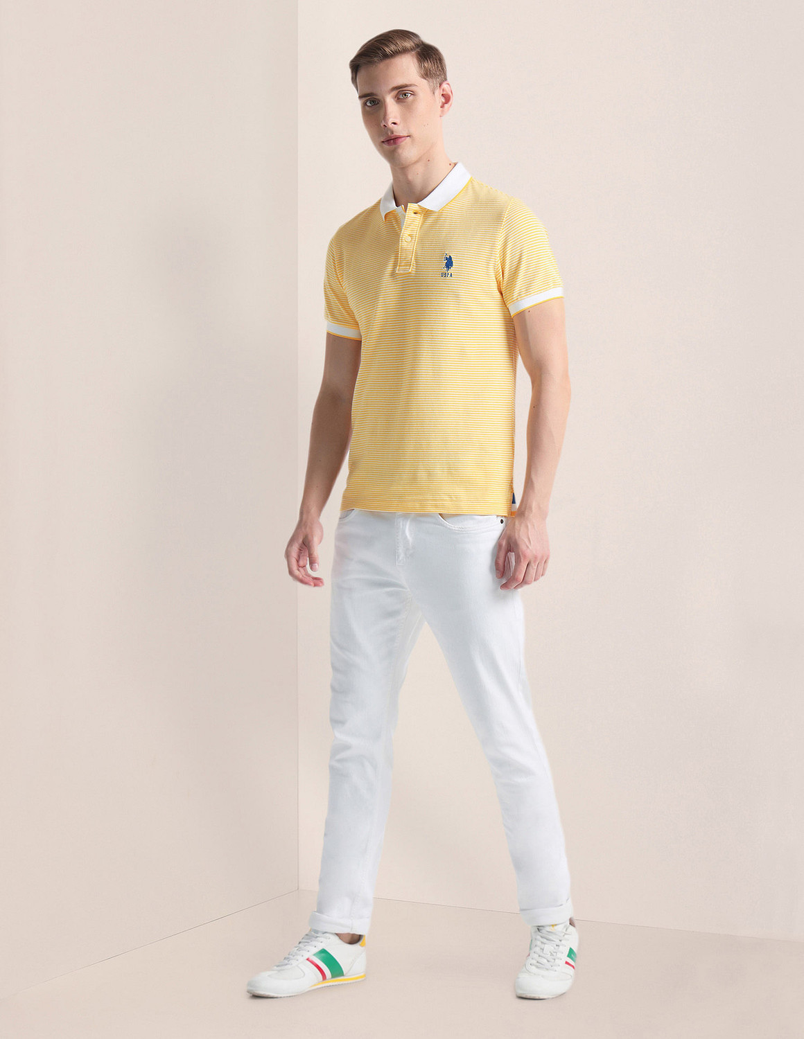 Image of U.S. POLO ASSN. Striped Men Polo Neck Yellow T-Shirt