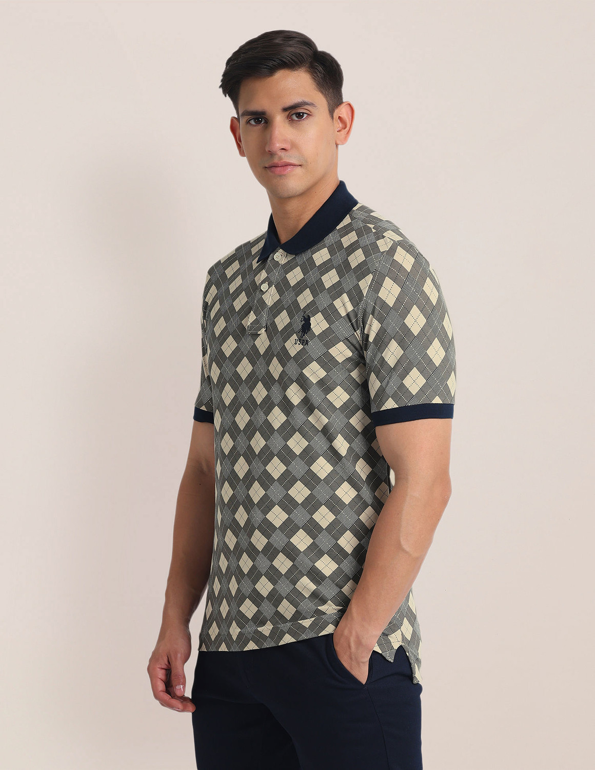 Image of U.S. POLO ASSN. Printed Men Polo Neck Beige T-Shirt