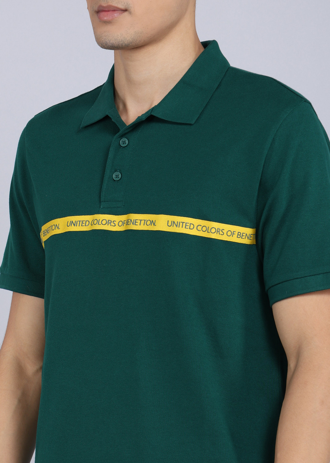 Image of United Colors of Benetton Printed Men Polo Neck Green T-Shirt