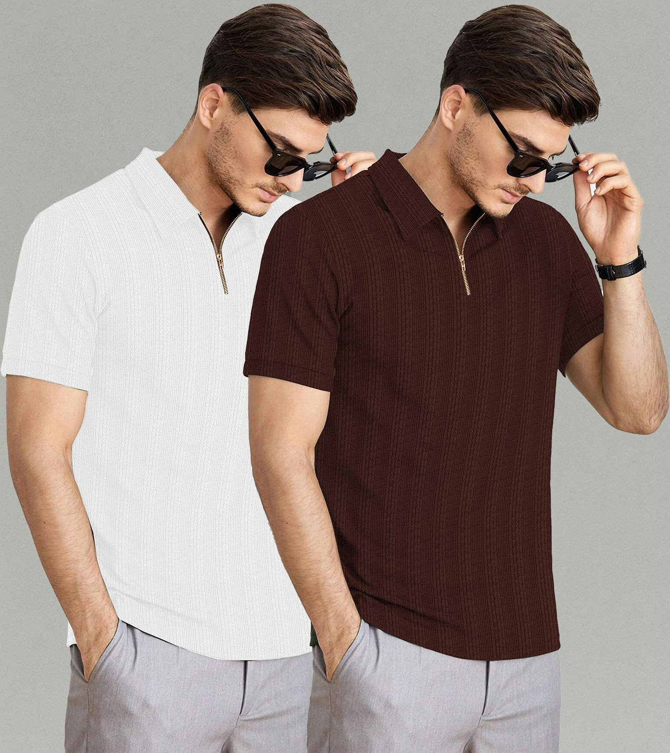 Image of Happy Khajana Self Design Men Polo Neck Brown, White T-Shirt
