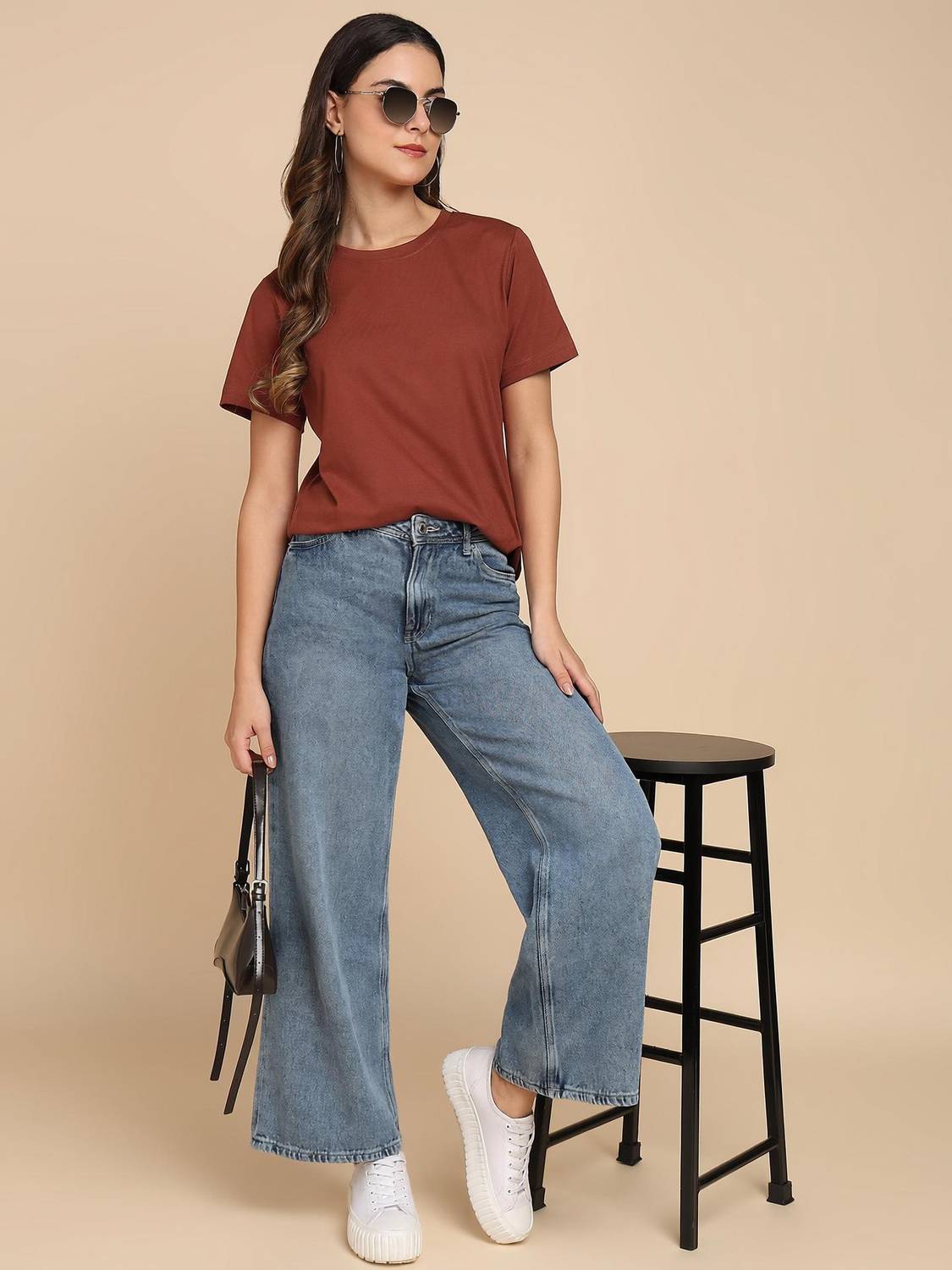 Adyavastram Solid Women Round Neck Brown T-Shirt