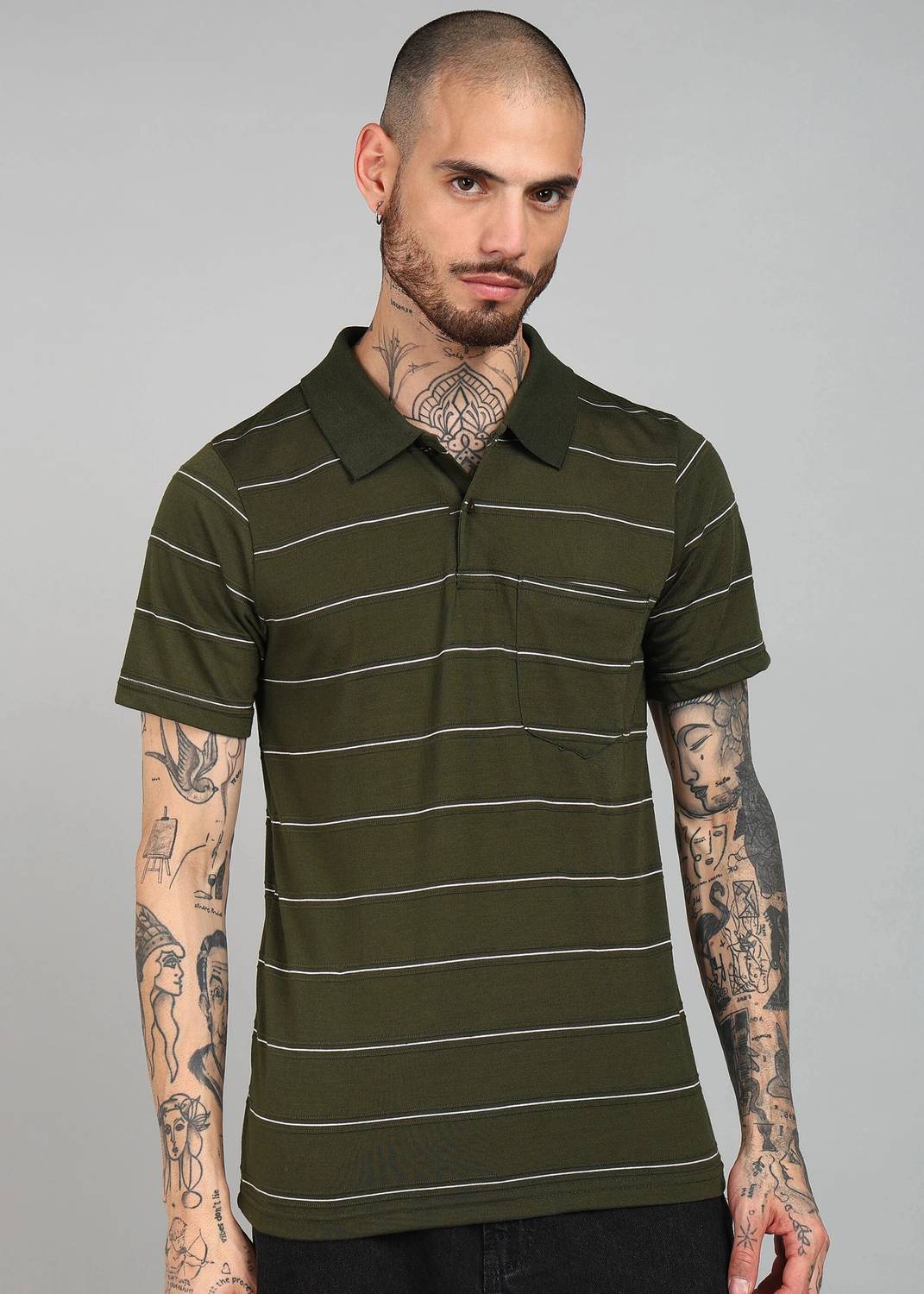 INKKR Men Striped Polo Neck Cotton Blend Multicolor T-Shirt