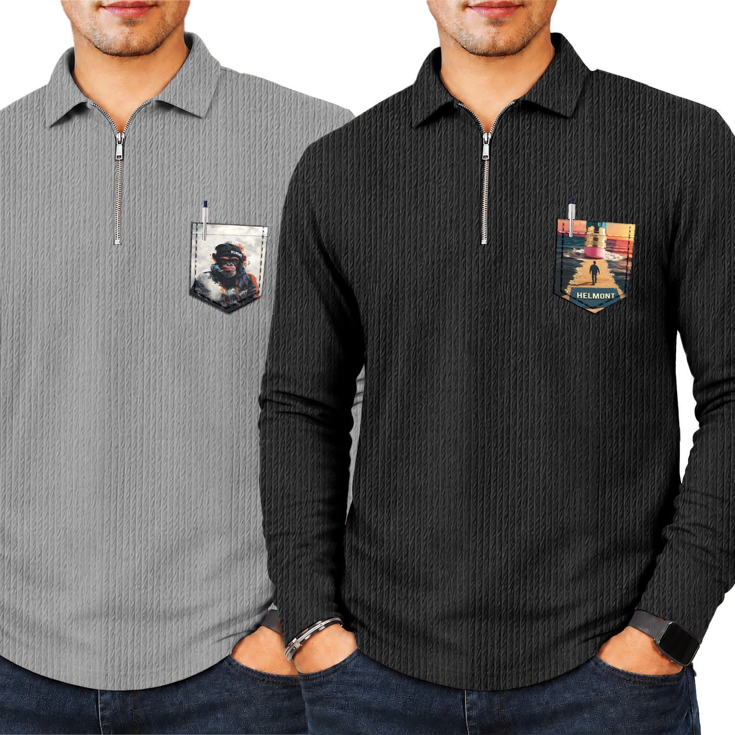 Image of HELMONT Striped Men Zip Neck Black, Grey T-Shirt