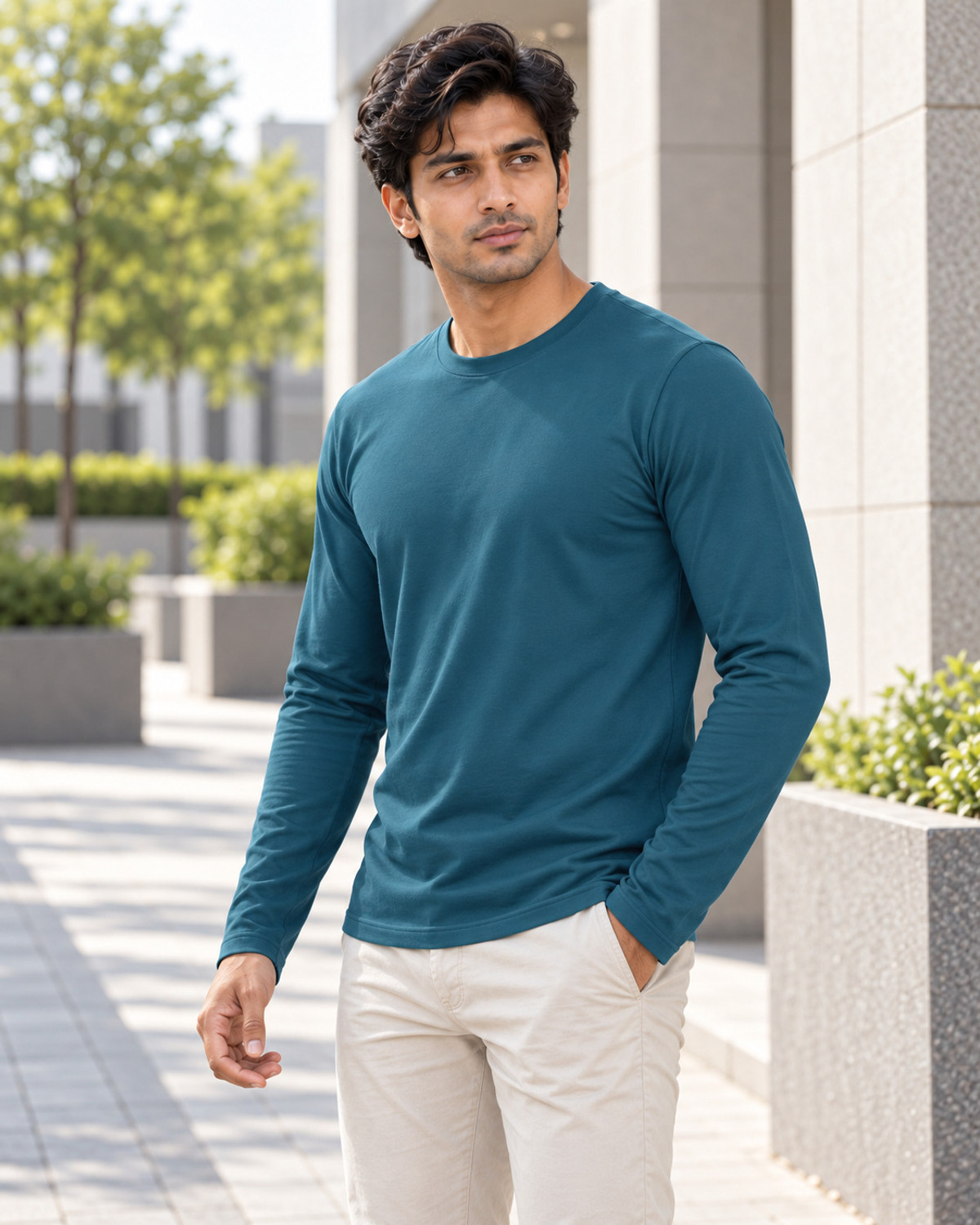 Image of WARRIOR WORLD Men Solid Round Neck Pure Cotton Blue T-Shirt