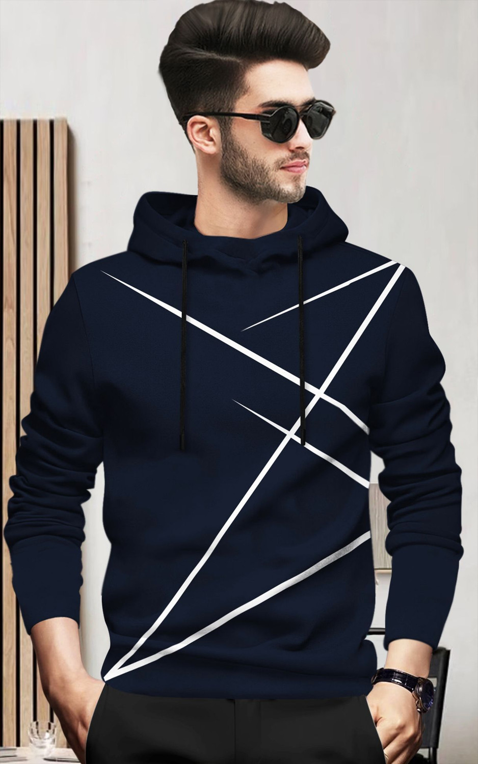 Image of BLIVE Printed Men Hooded Neck Navy Blue T-Shirt