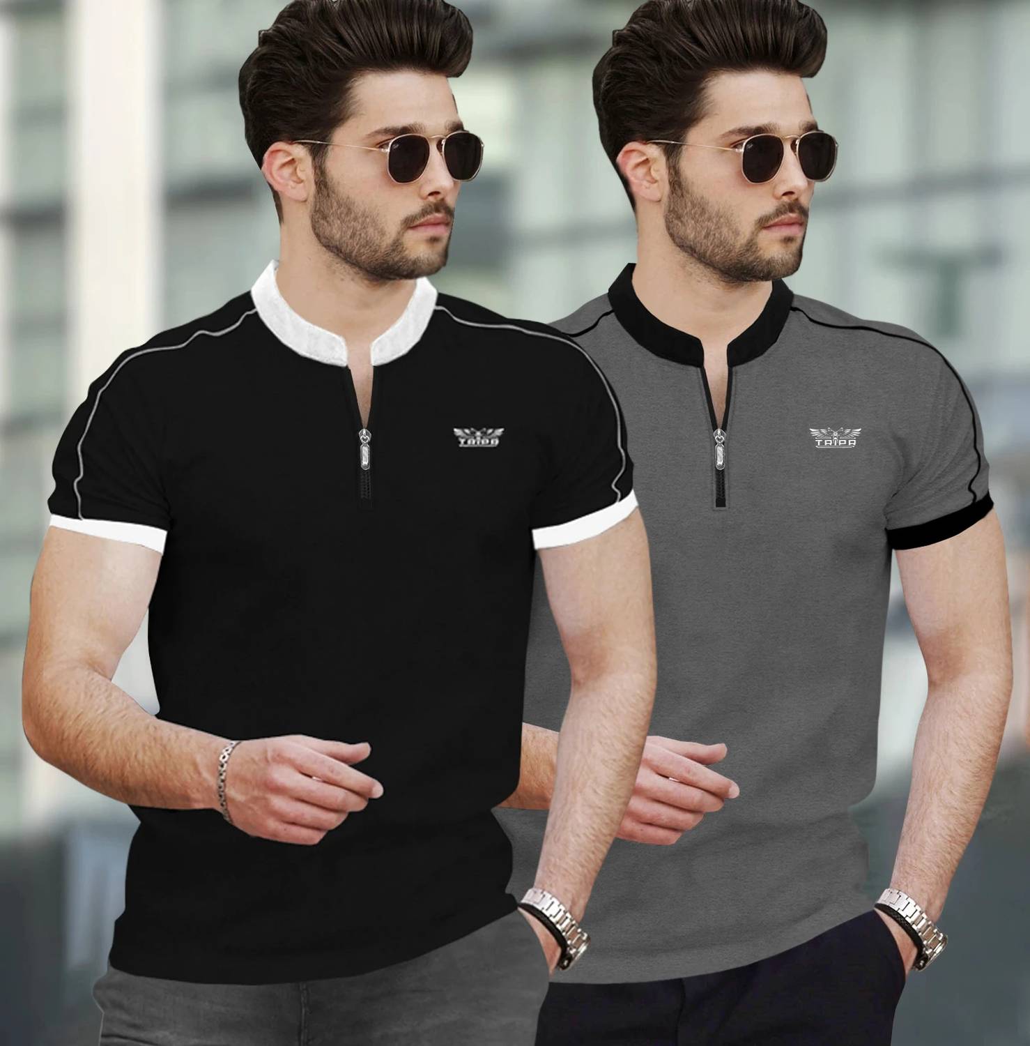 TRIPR Pack of 2 Men Solid Mandarin Collar Cotton Blend Multicolor
