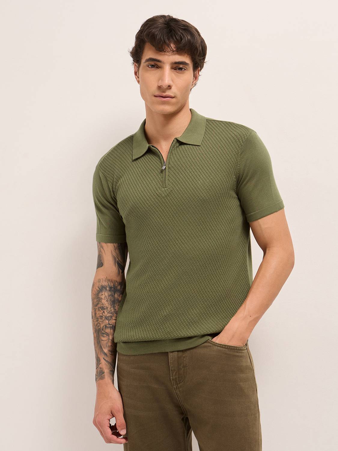 THE BEAR HOUSE Self Design Men Polo Neck Dark Green T-Shirt