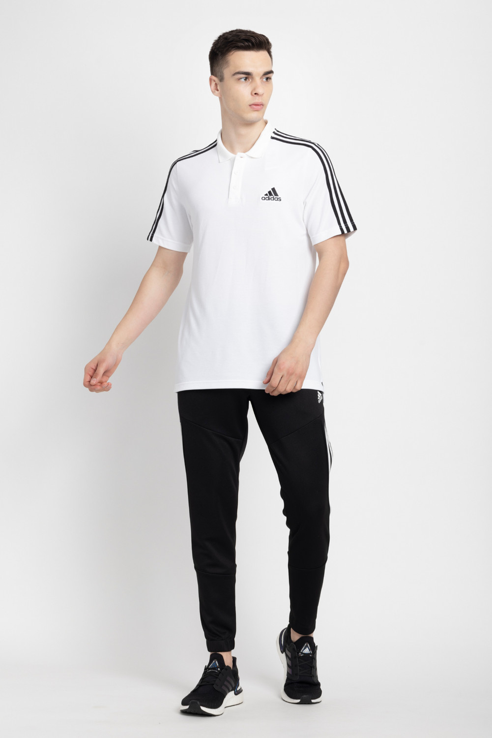 Image of ADIDAS Striped Men Polo Neck White T-Shirt