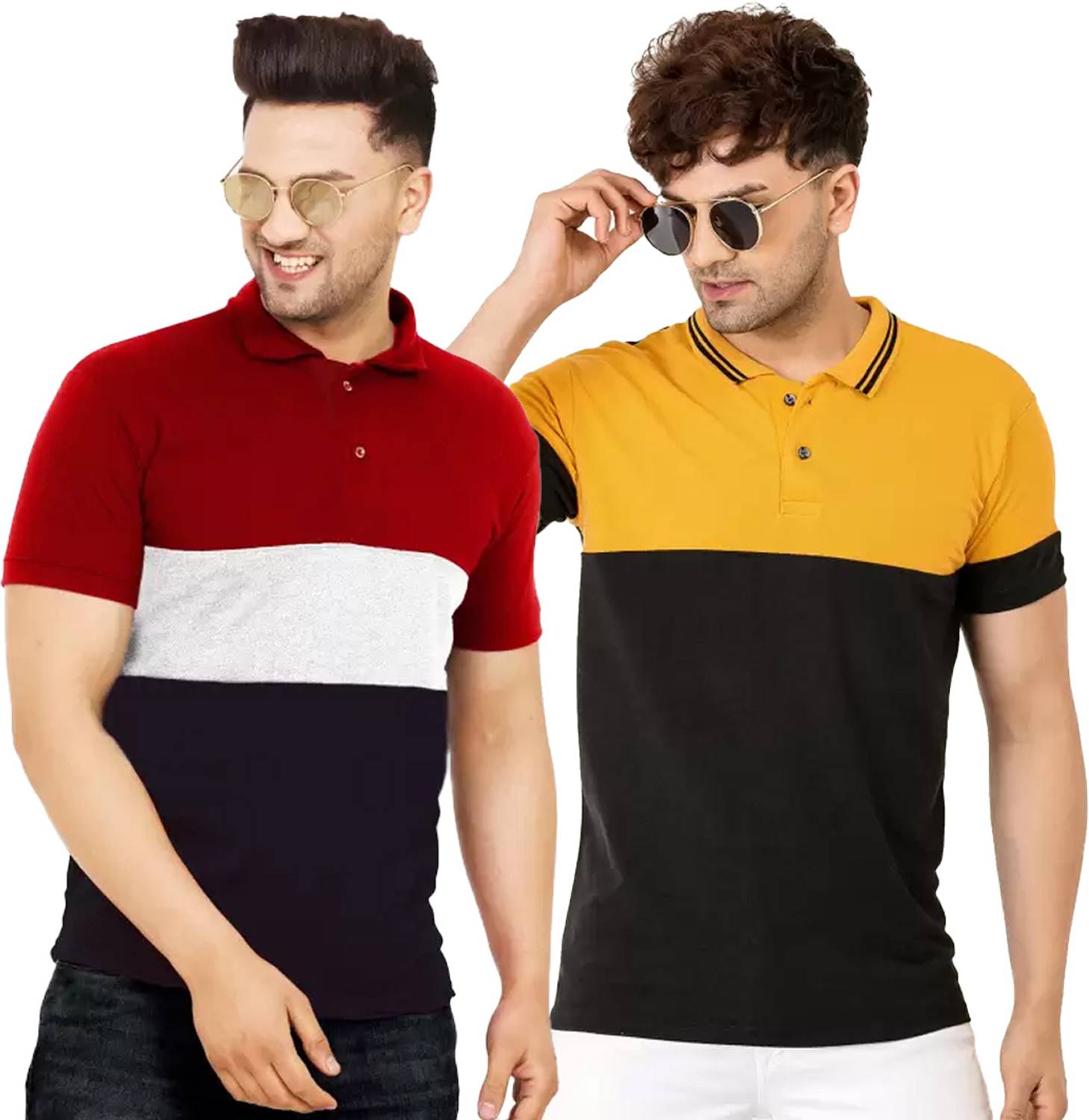 Leotude Men Colorblock Polo Neck Cotton Blend Multicolor T-Shirt