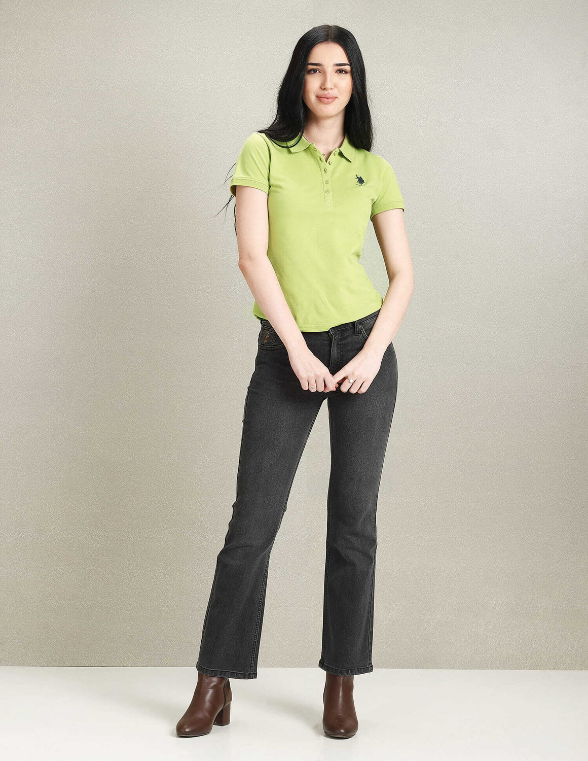 Image of U.S. POLO ASSN. Solid Women Polo Neck Green T-Shirt