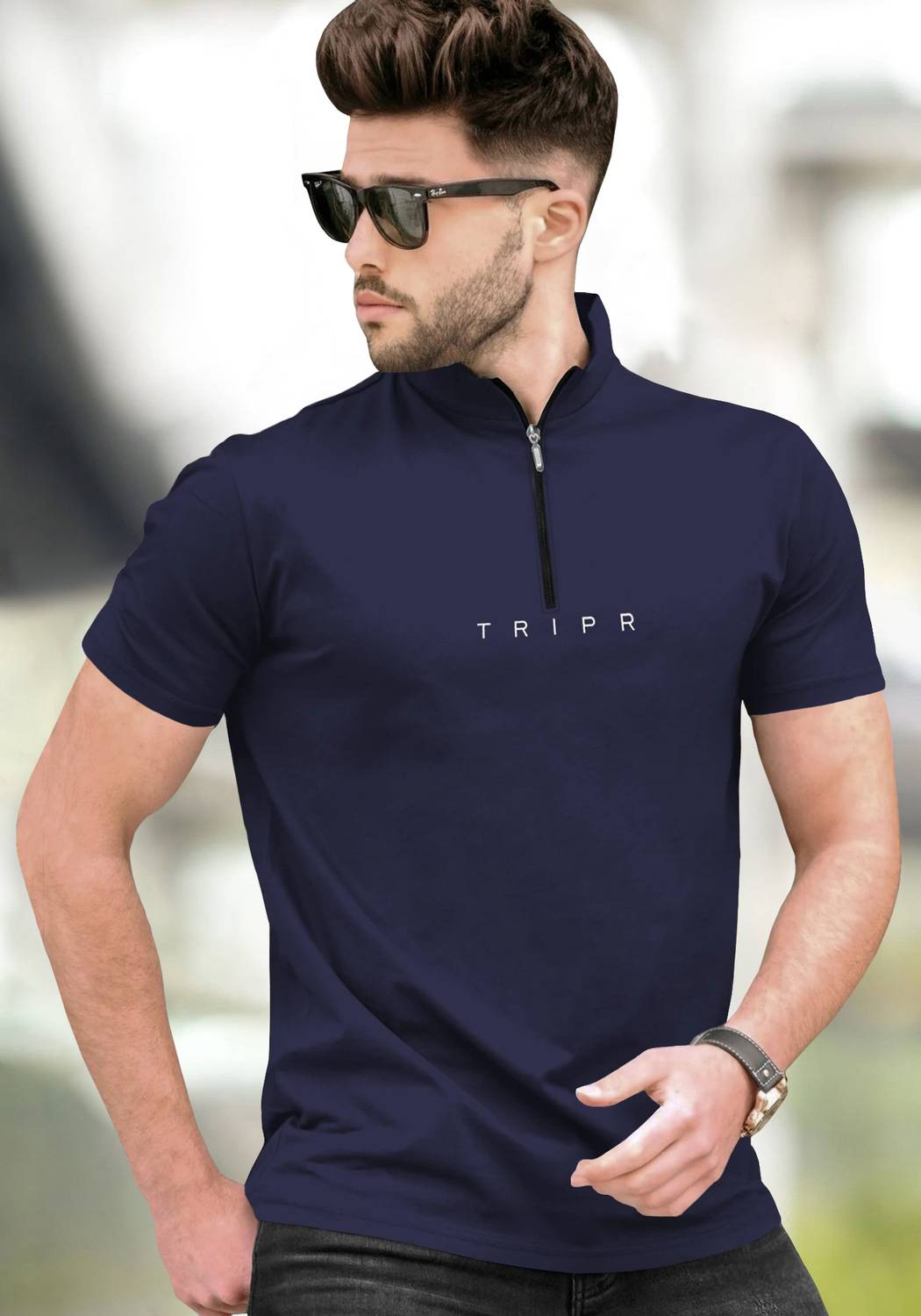 TRIPR Men Solid Mandarin Collar Cotton Blend Navy Blue T-Shirt