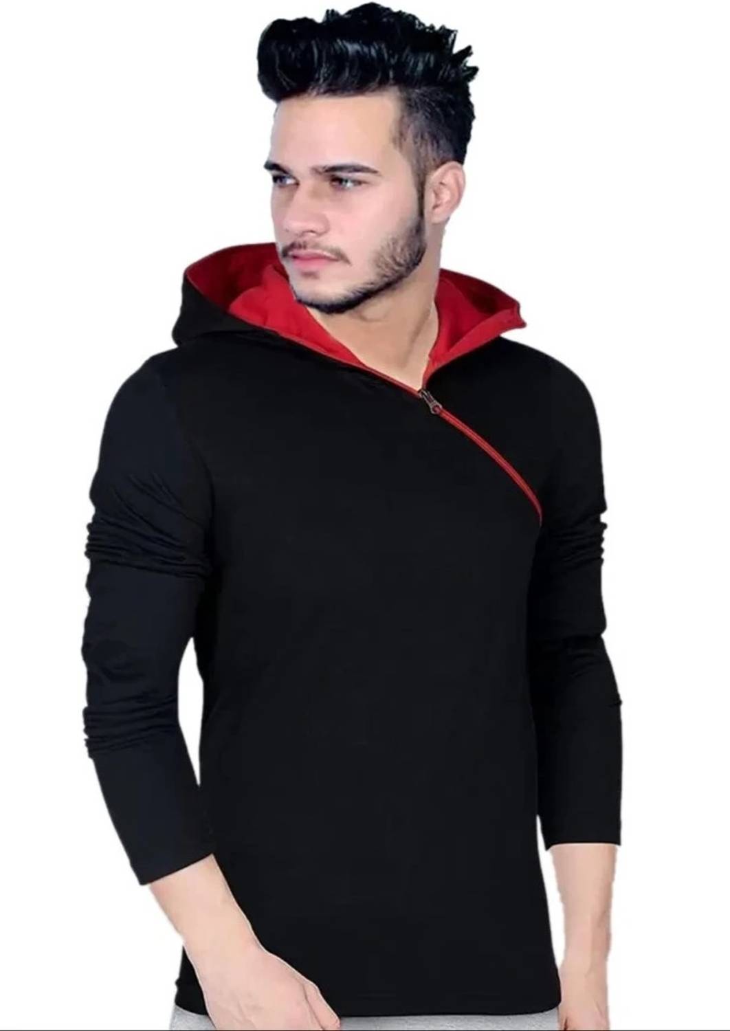 PEAK MOUNT Men Solid Zip Neck Polycotton Black T-Shirt