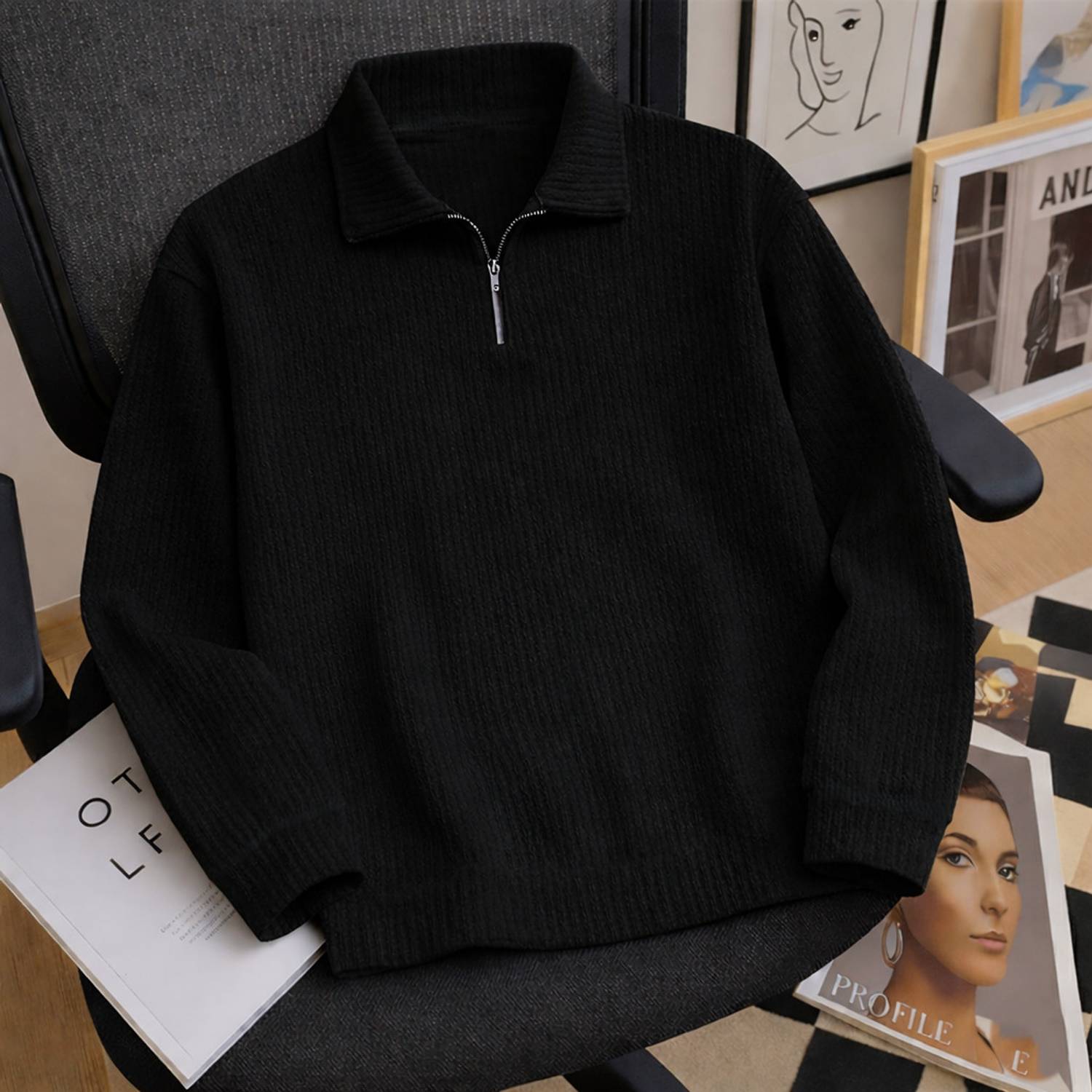 Try This Men Striped, Self Design Zip Neck Cotton Blend Black, Mu