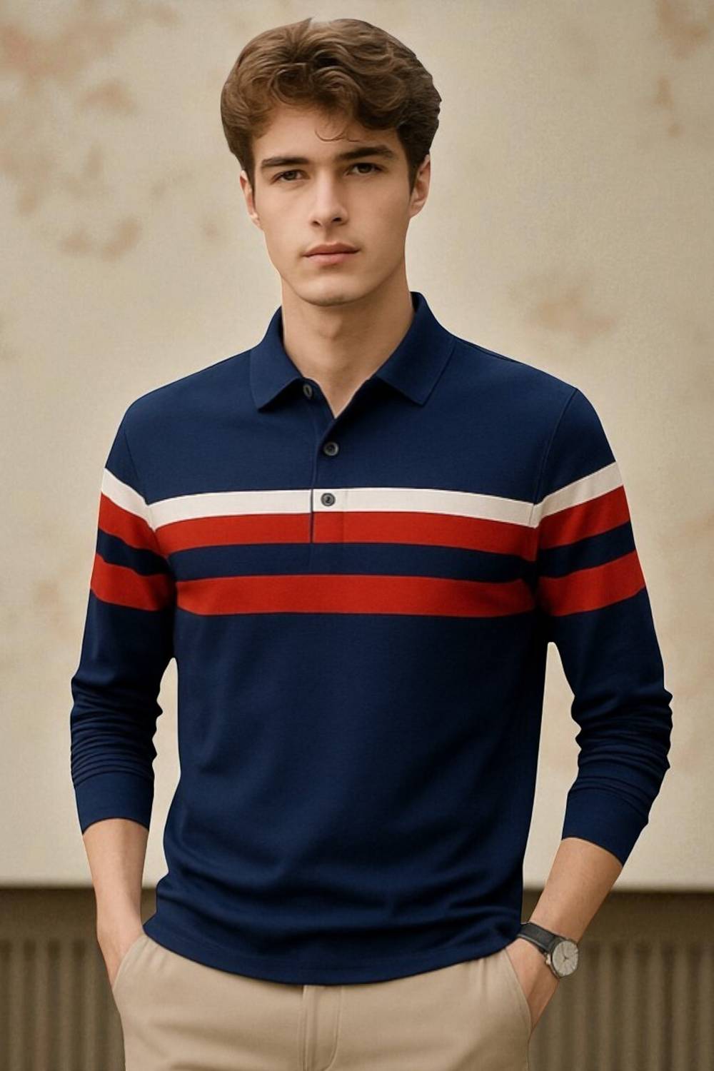 FAOES Solid Men Polo Neck Navy Blue T-Shirt
