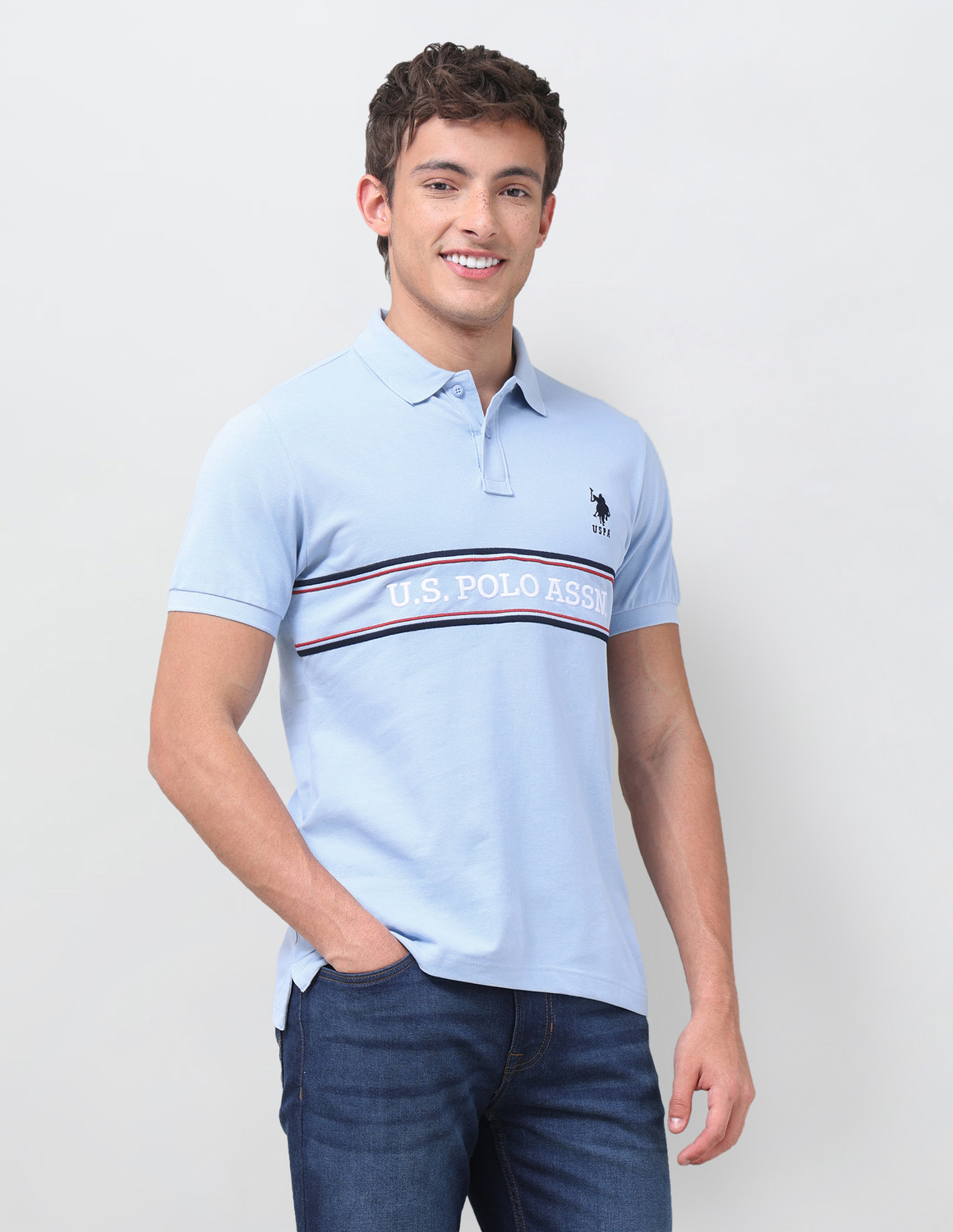 Image of U.S. POLO ASSN. Graphic Print Men Polo Neck Blue T-Shirt