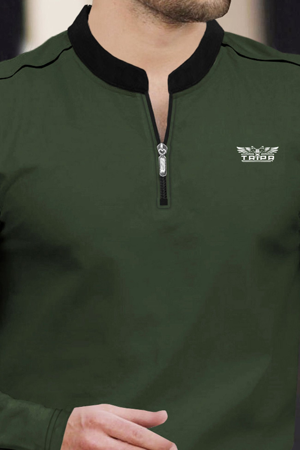 Image of TRIPR Solid Men Mandarin Collar Dark Green, Black T-Shirt