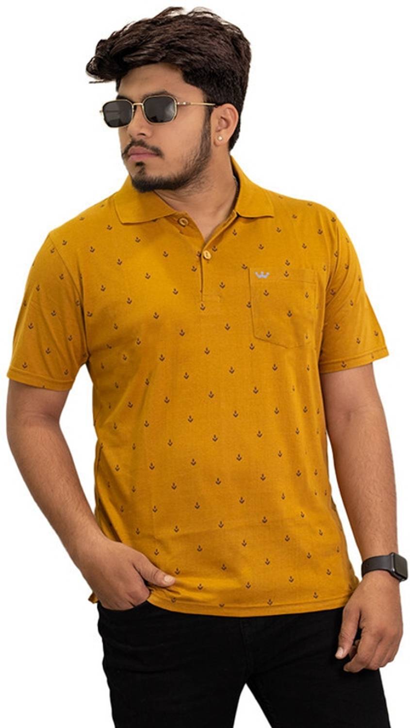 Onestar Men Printed Polo Neck Cotton Blend Yellow T-Shirt