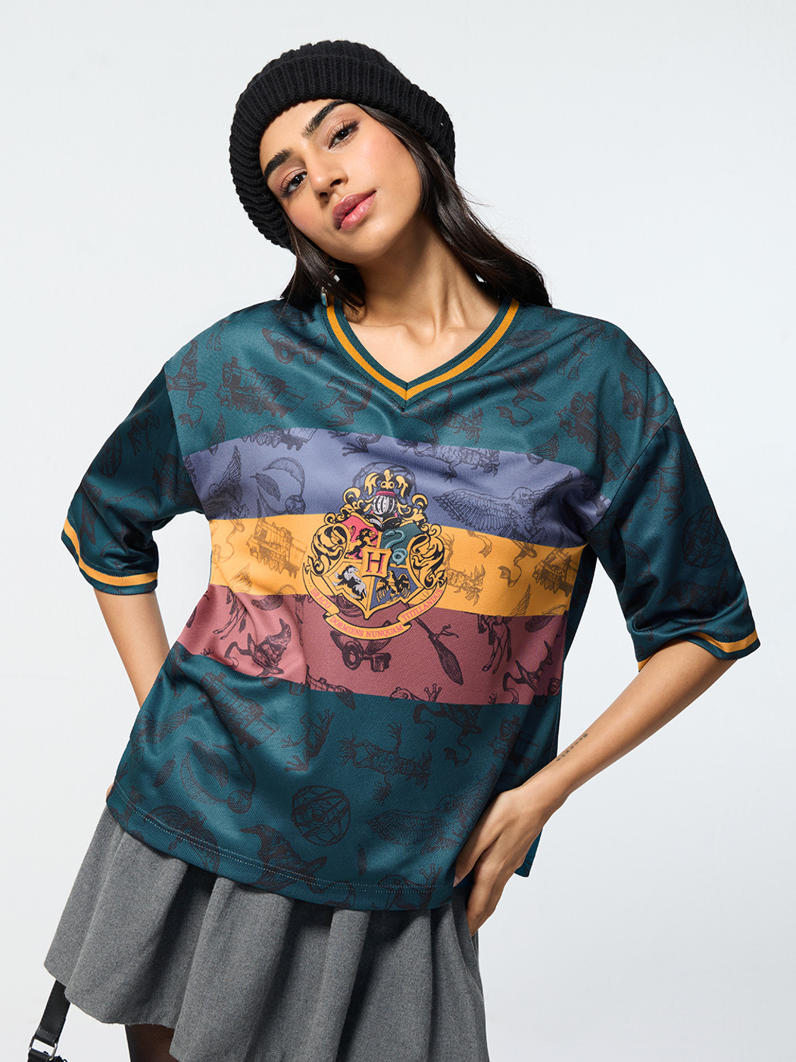 Image of The Souled Store Graphic Print Women V Neck Dark Green T-Shirt