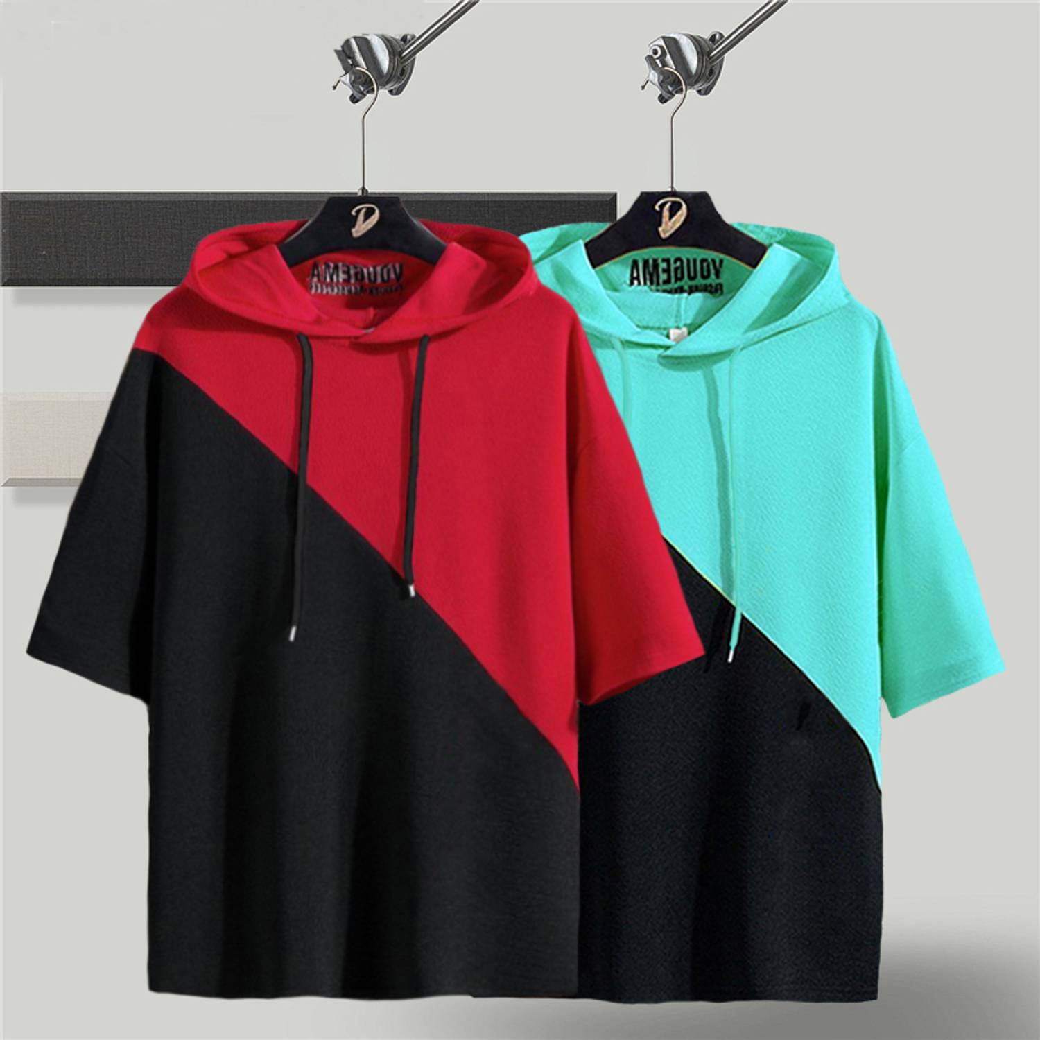 Try This Pack of 2 Men Colorblock Hooded Neck Cotton Blend Red, L
