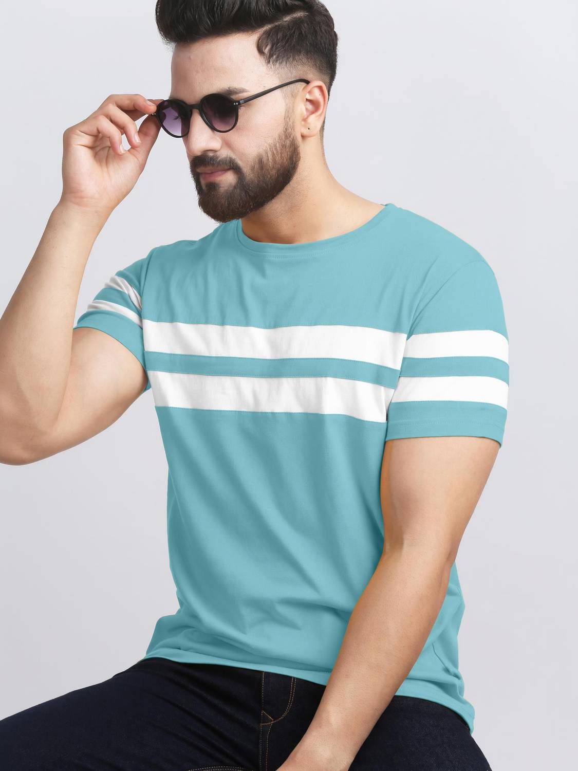 AUSK Striped Men Round Neck Light Blue, White T-Shirt