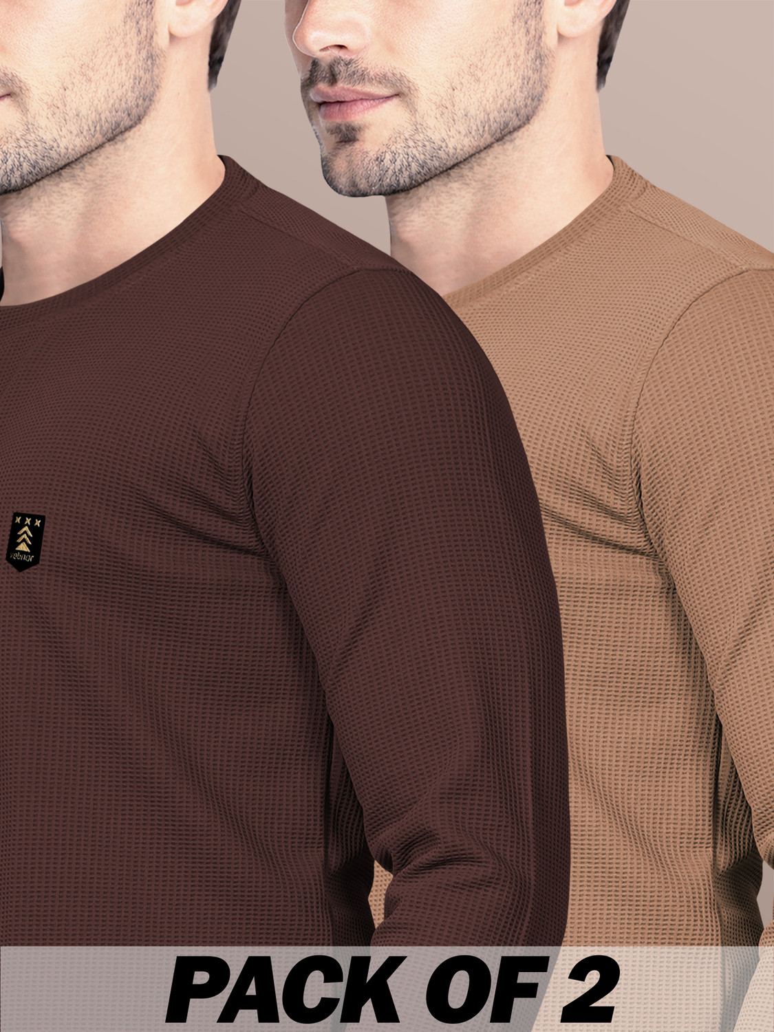 Image of VeBNoR Self Design Men Round Neck Brown, Beige T-Shirt